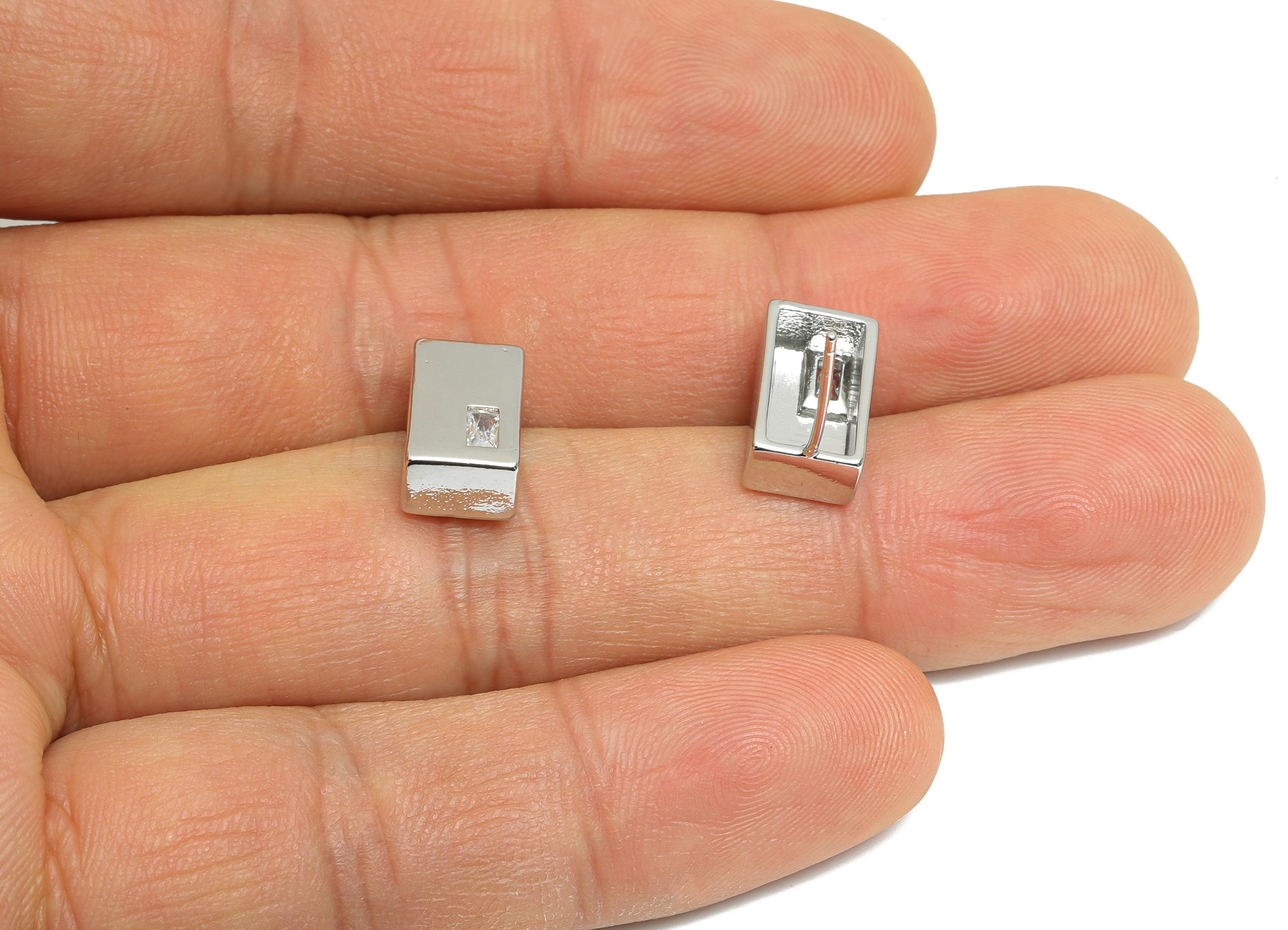 Brass Rectangle Bar Post - Brass Sleek Architectural Earring Stud - Cubic Zircon Earring - 18K Real White Gold Plated - 12x7x4mm-RGP9653S - DOMEDBAZAAR