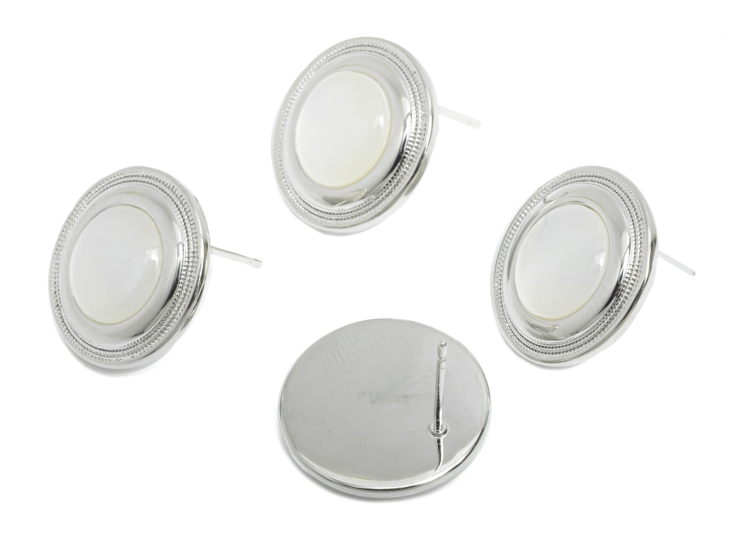 Sparkling Round Stud - Brass Circle Seashell Earrings - Refined Silver Earrings Post - 18K White Gold Plated - 17.35x17.24x0.74mm -RGP9595 - DOMEDBAZAAR