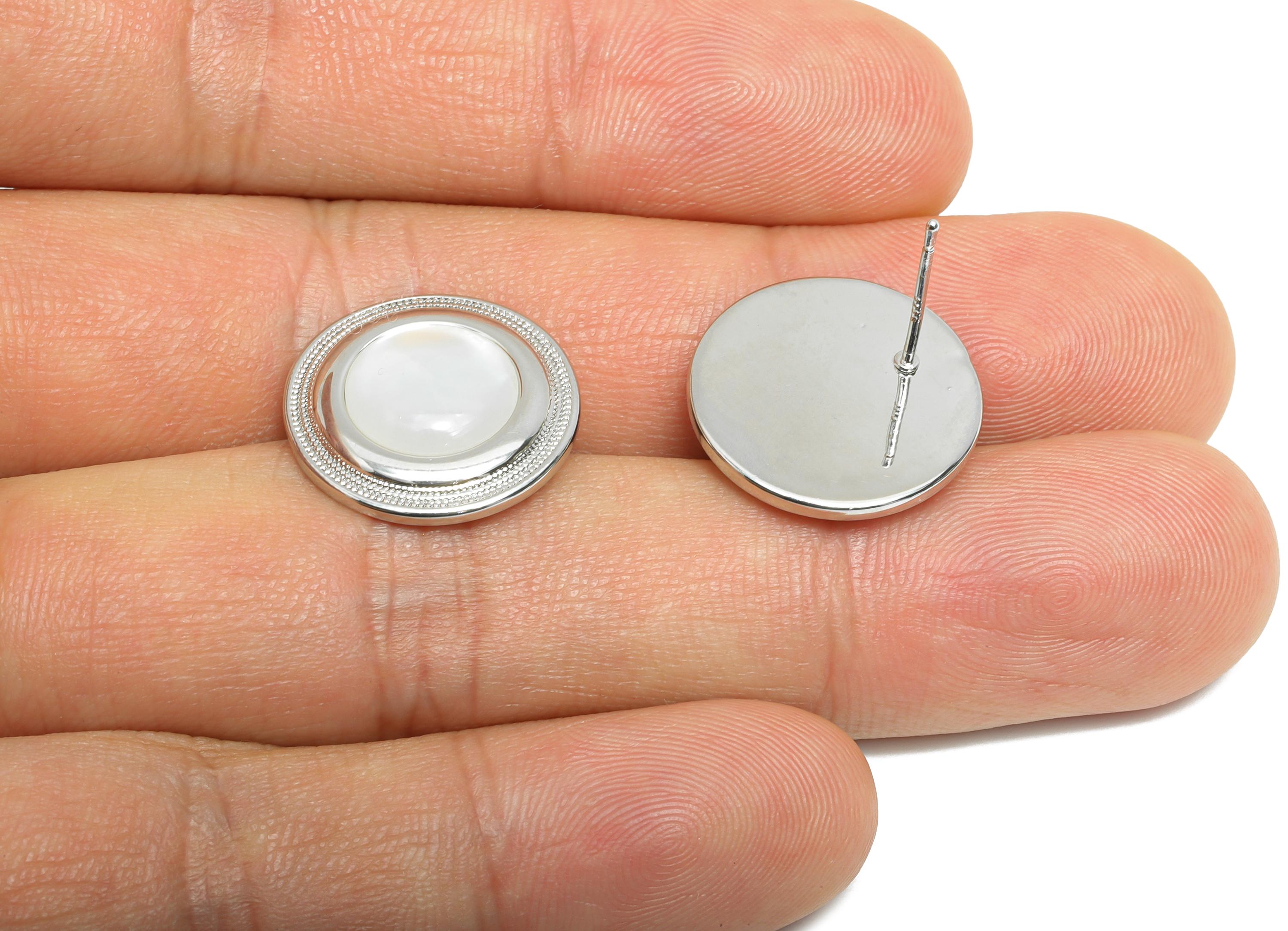 Sparkling Round Stud - Brass Circle Seashell Earrings - Refined Silver Earrings Post - 18K White Gold Plated - 17.35x17.24x0.74mm -RGP9595 - DOMEDBAZAAR