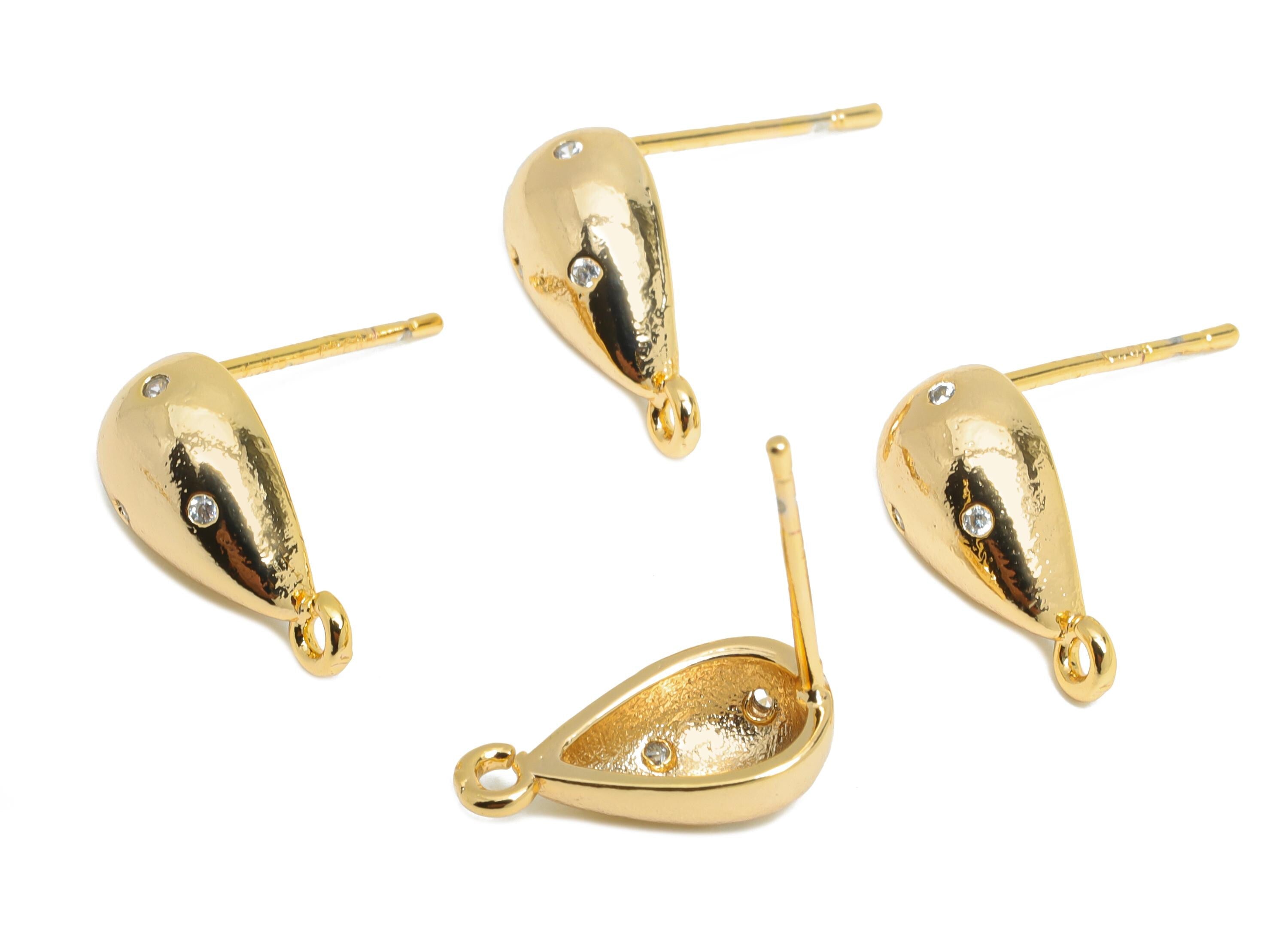 Brass Drop Earring Stud - Brass Cubic Zircon Earring With Loop - DIY Teardrop Earring Base - 18K Real Gold Plated - 13x6x3.77mm - RGP9649 - DOMEDBAZAAR