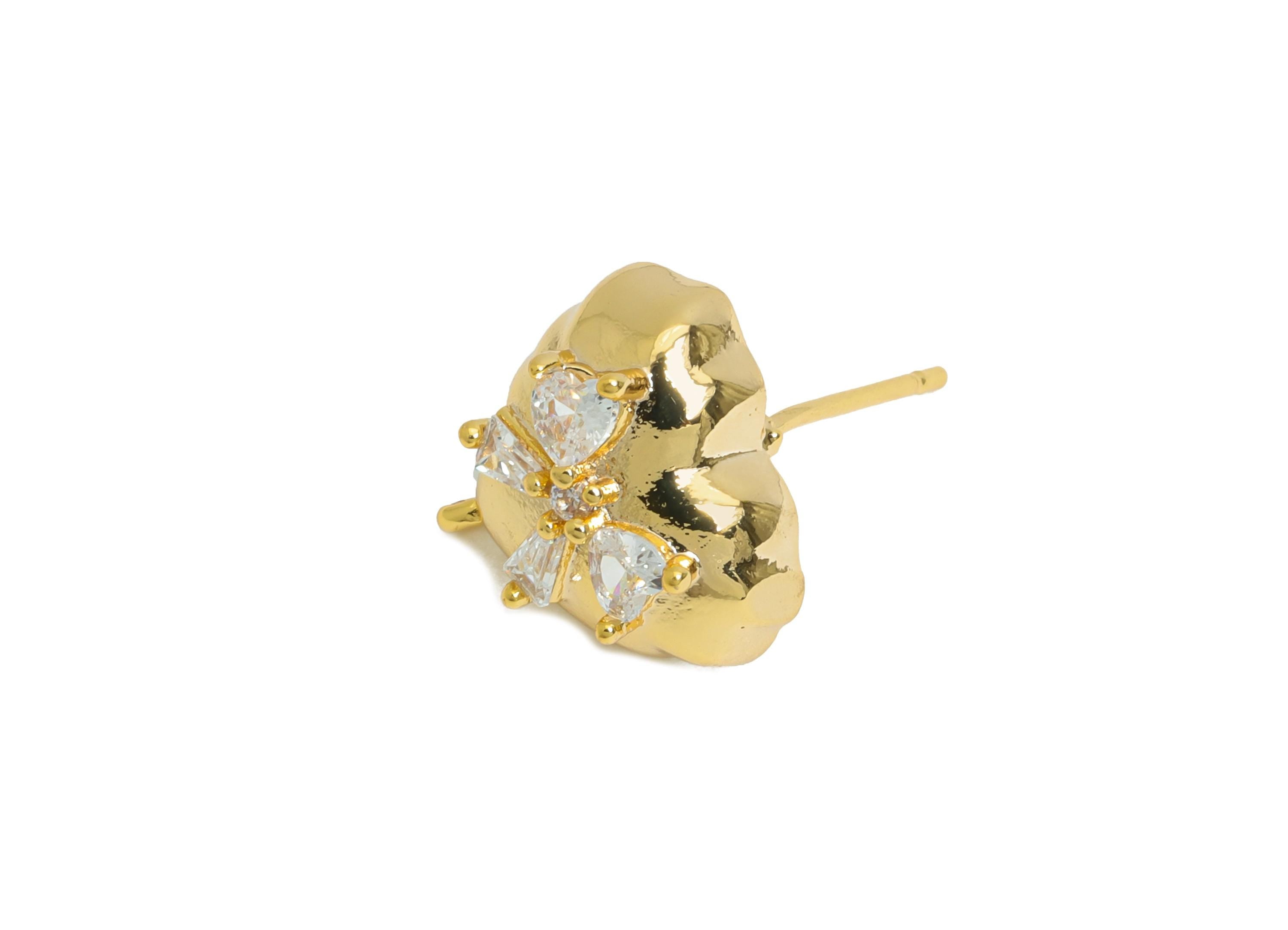 Brass CZ Heart Post - Brass Sparking Heart Stud With Loop - Crystal Cute Bow Earring - 18K Real Gold Plated - 13x13x6.23mm - RGP9654 - DOMEDBAZAAR