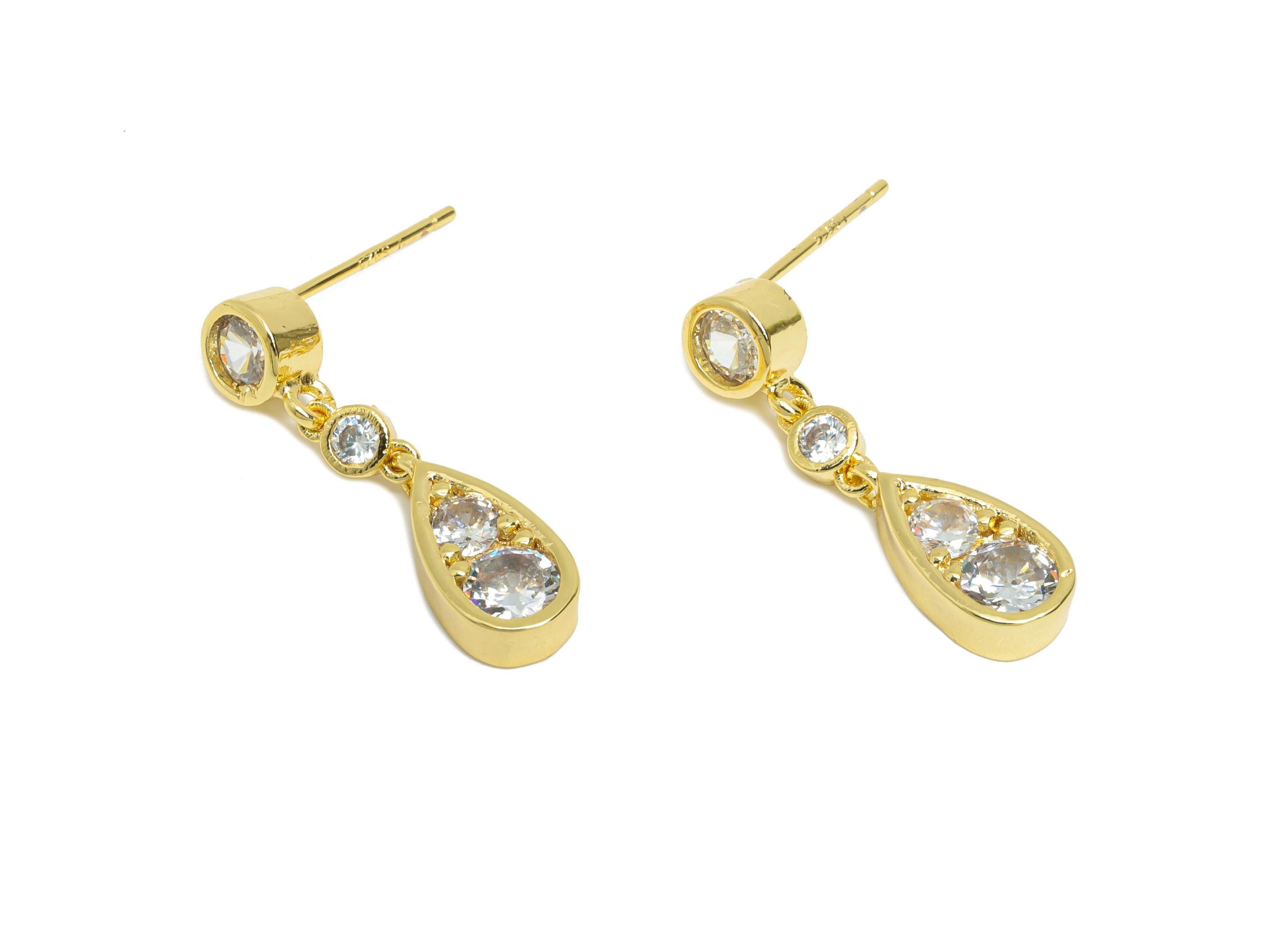 Drop Dangle Earring Stud - Brass Chic Gold Dangling Earring Post - Dainty CZ Earring Stud - 18K Real Gold Plated -24.48x6.29x0.74mm -RGP9610 - DOMEDBAZAAR