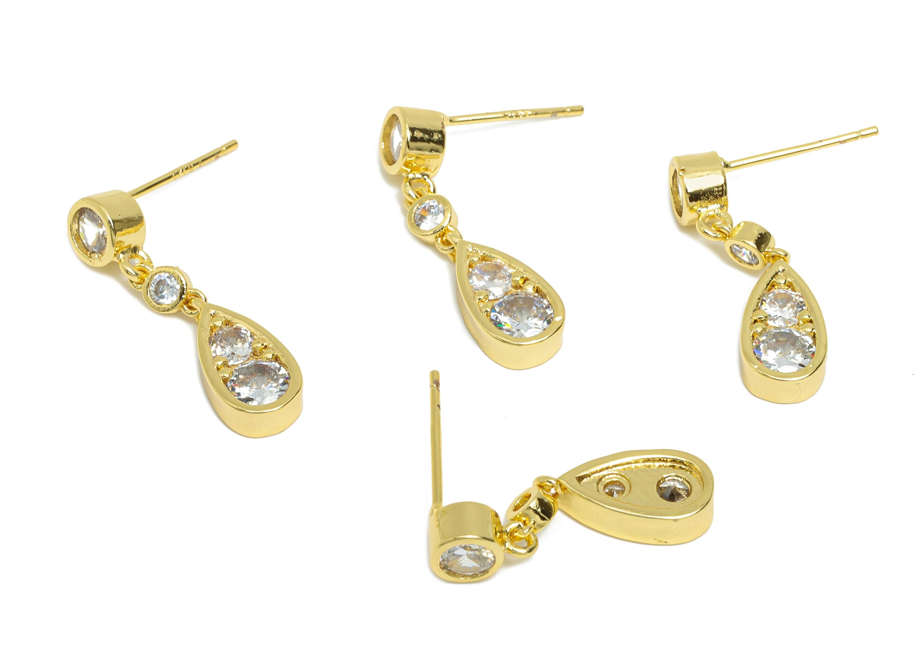 Drop Dangle Earring Stud - Brass Chic Gold Dangling Earring Post - Dainty CZ Earring Stud - 18K Real Gold Plated -24.48x6.29x0.74mm -RGP9610 - DOMEDBAZAAR