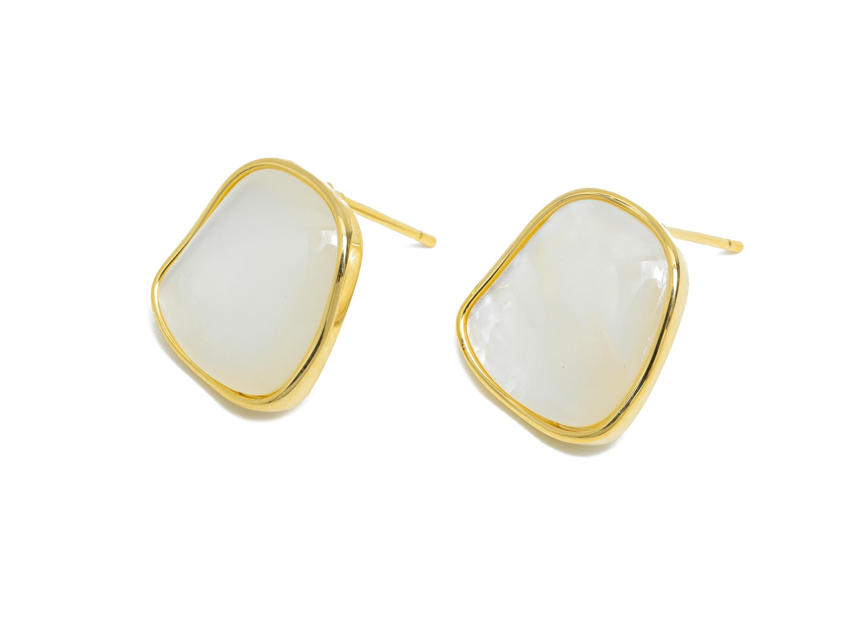 Sparkling Brass Stud - Brass Rectangle Seashell Stud Earring - Geometric Gold Earring Post - 18K Real Gold Plated-15.13x13.93x0.74mm-RGP9580 - DOMEDBAZAAR