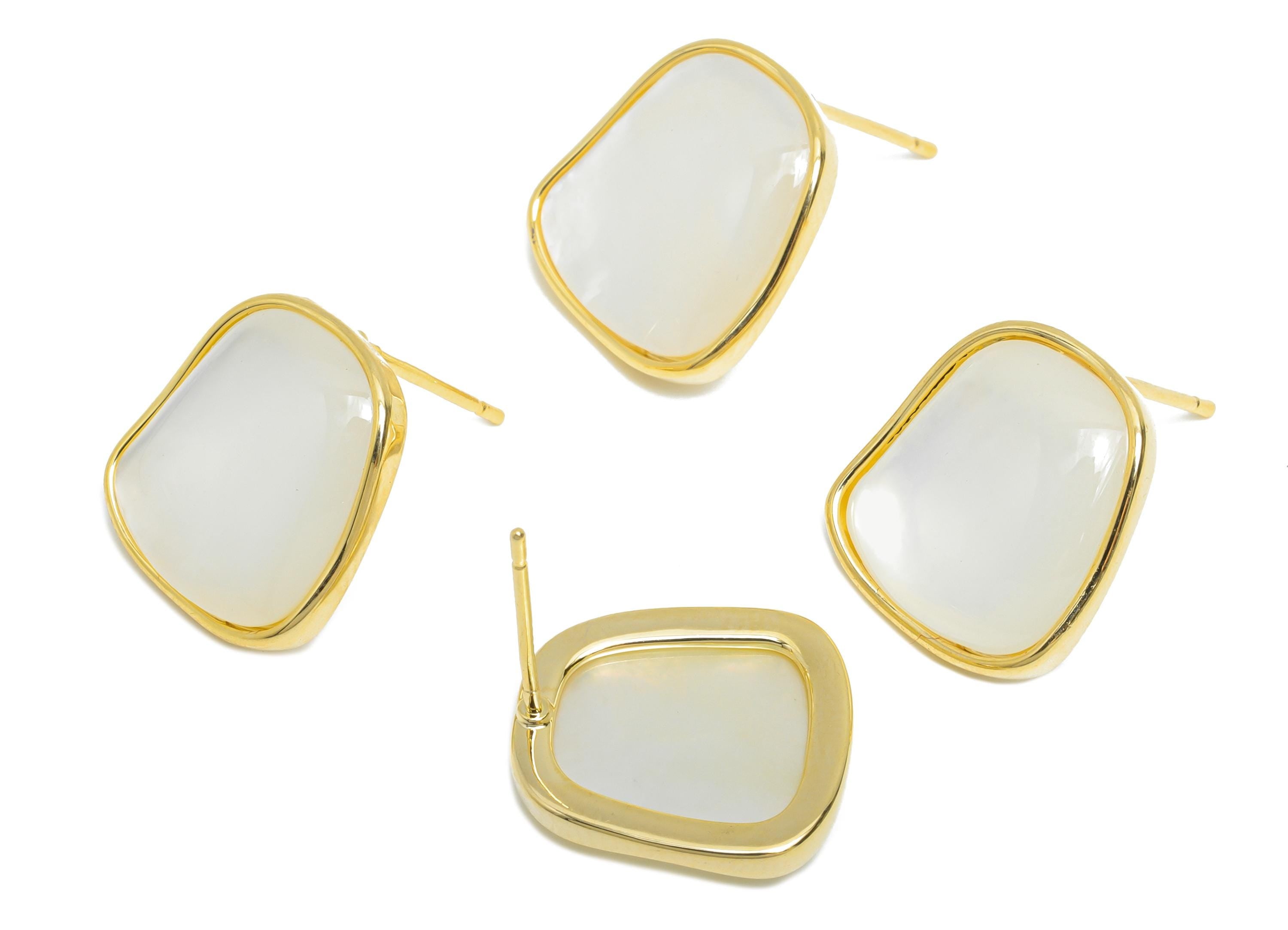 Sparkling Brass Stud - Brass Rectangle Seashell Stud Earring - Geometric Gold Earring Post - 18K Real Gold Plated-15.13x13.93x0.74mm-RGP9580 - DOMEDBAZAAR