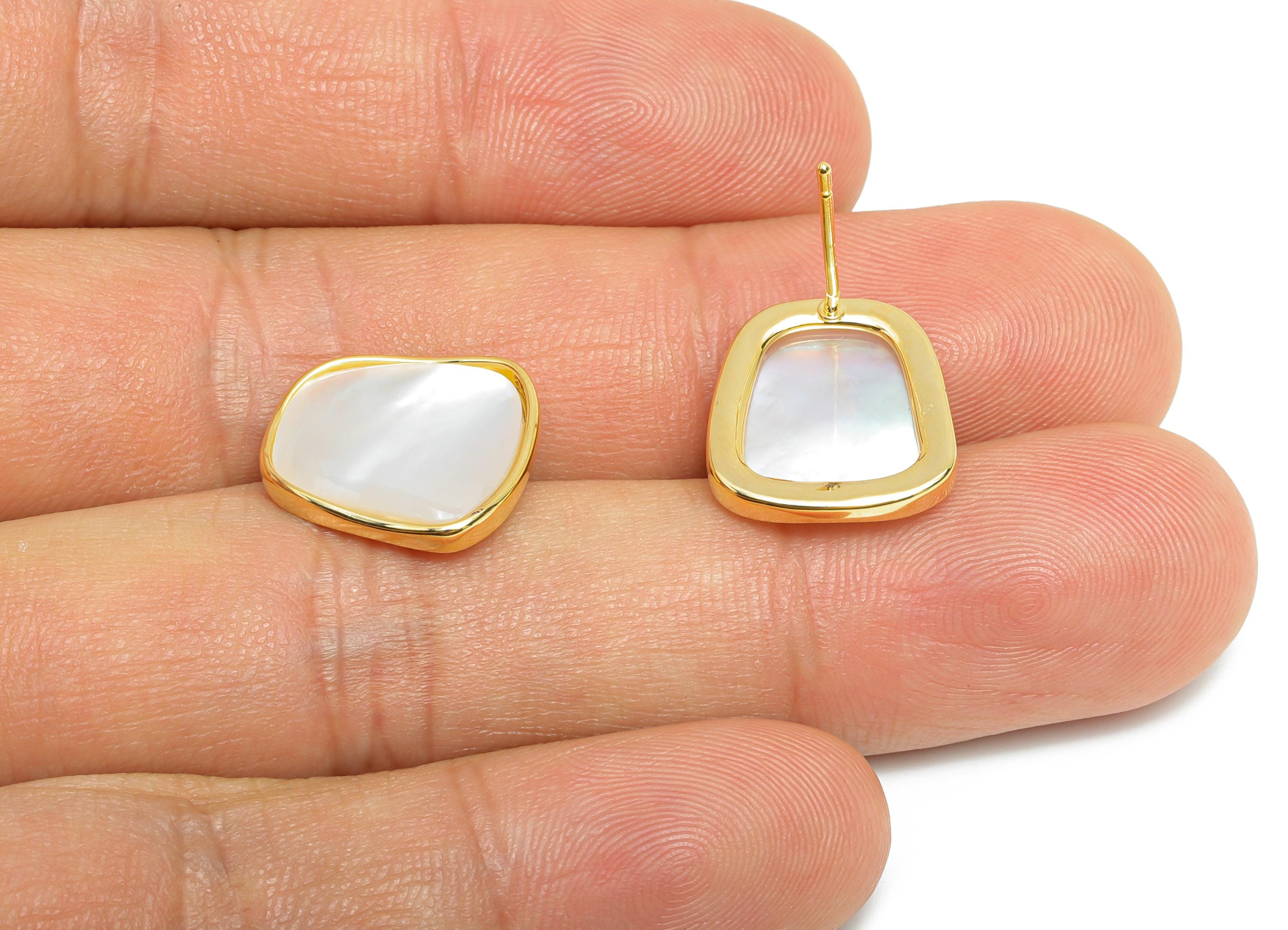 Sparkling Brass Stud - Brass Rectangle Seashell Stud Earring - Geometric Gold Earring Post - 18K Real Gold Plated-15.13x13.93x0.74mm-RGP9580 - DOMEDBAZAAR