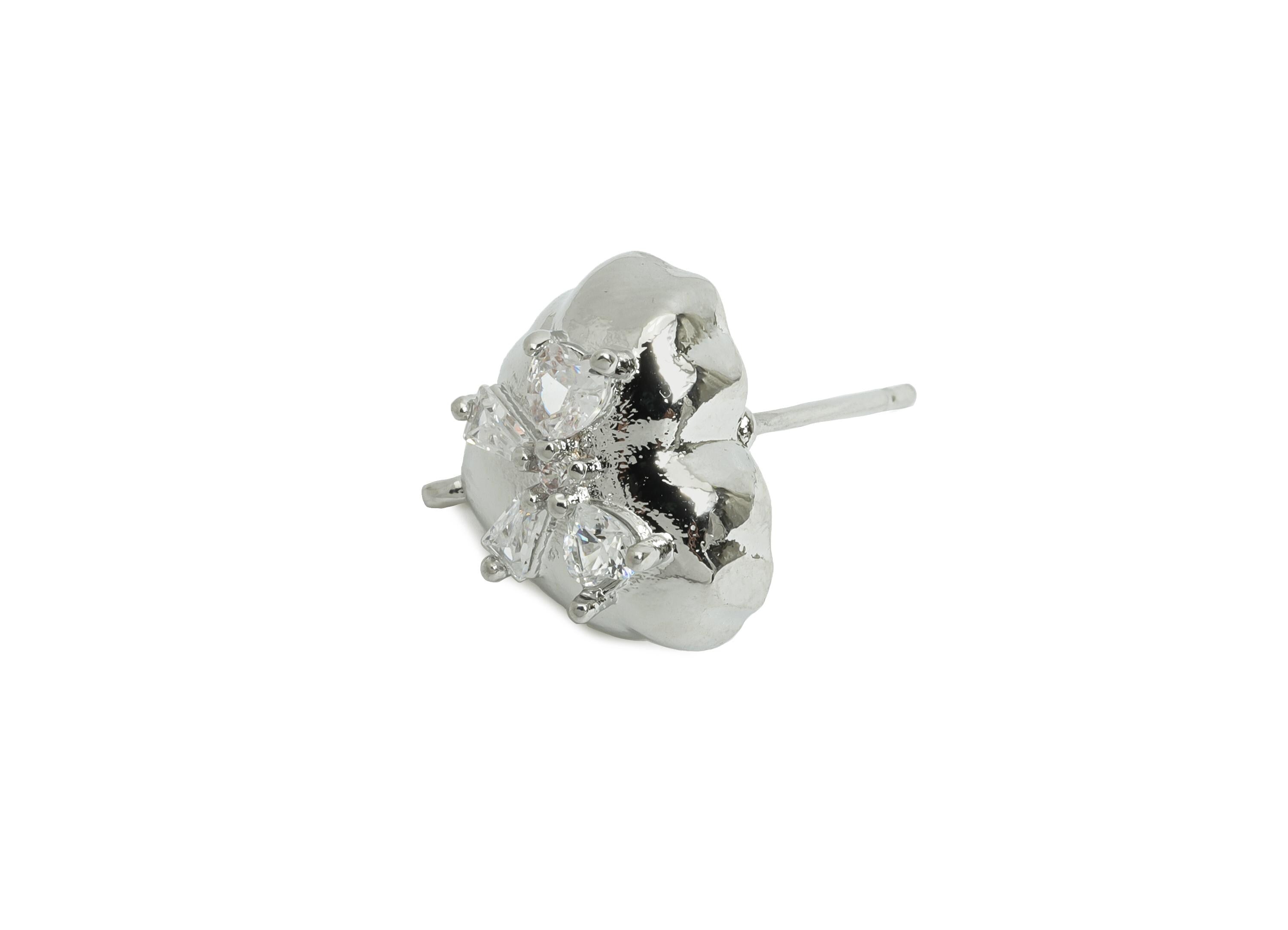 Brass CZ Heart Post - Brass Sparking Heart Stud With Loop - Crystal Cute Bow Earring - 18K Real White Gold Plated - 13x13x6mm - RGP9654S - DOMEDBAZAAR