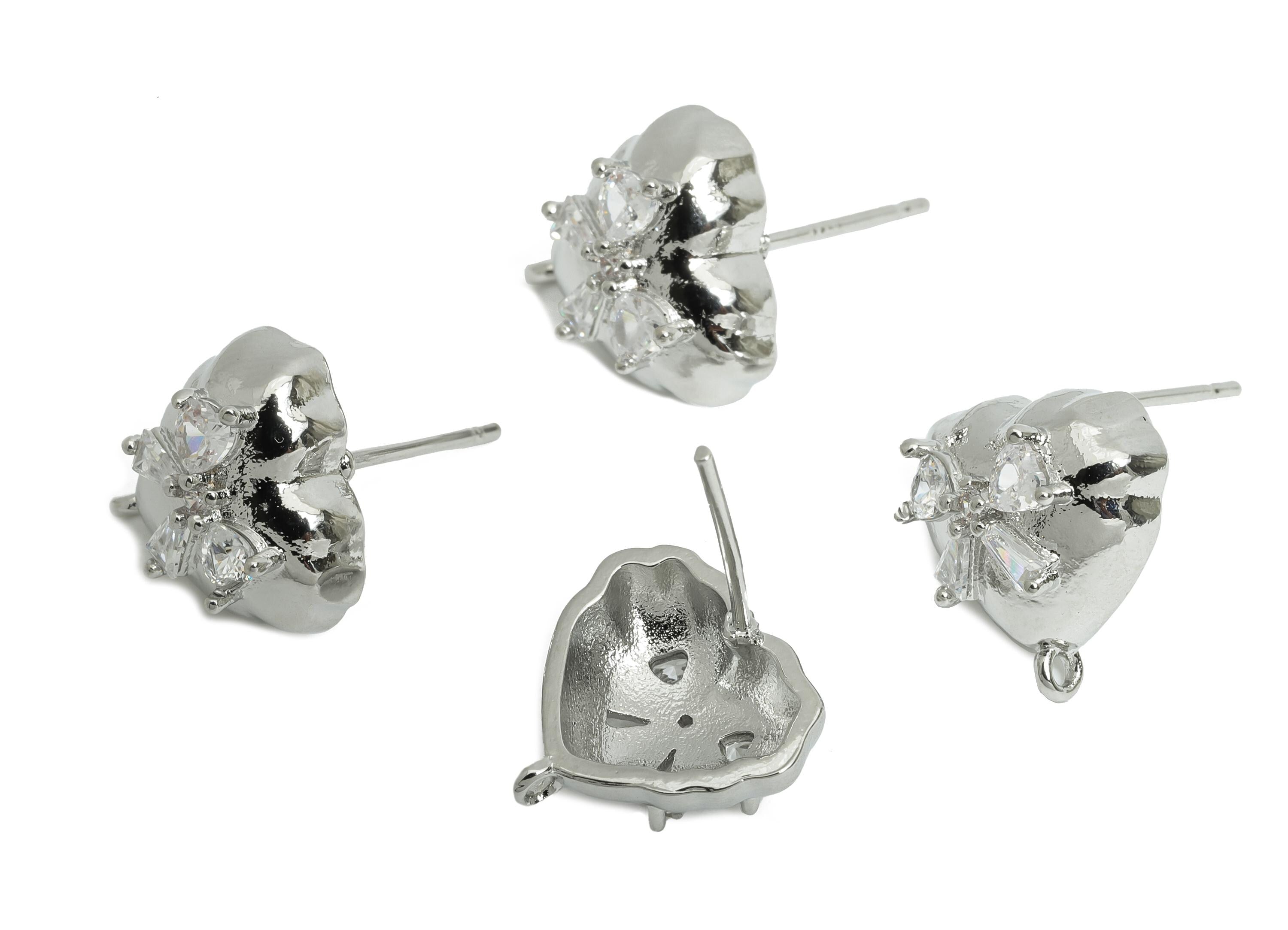 Brass CZ Heart Post - Brass Sparking Heart Stud With Loop - Crystal Cute Bow Earring - 18K Real White Gold Plated - 13x13x6mm - RGP9654S - DOMEDBAZAAR