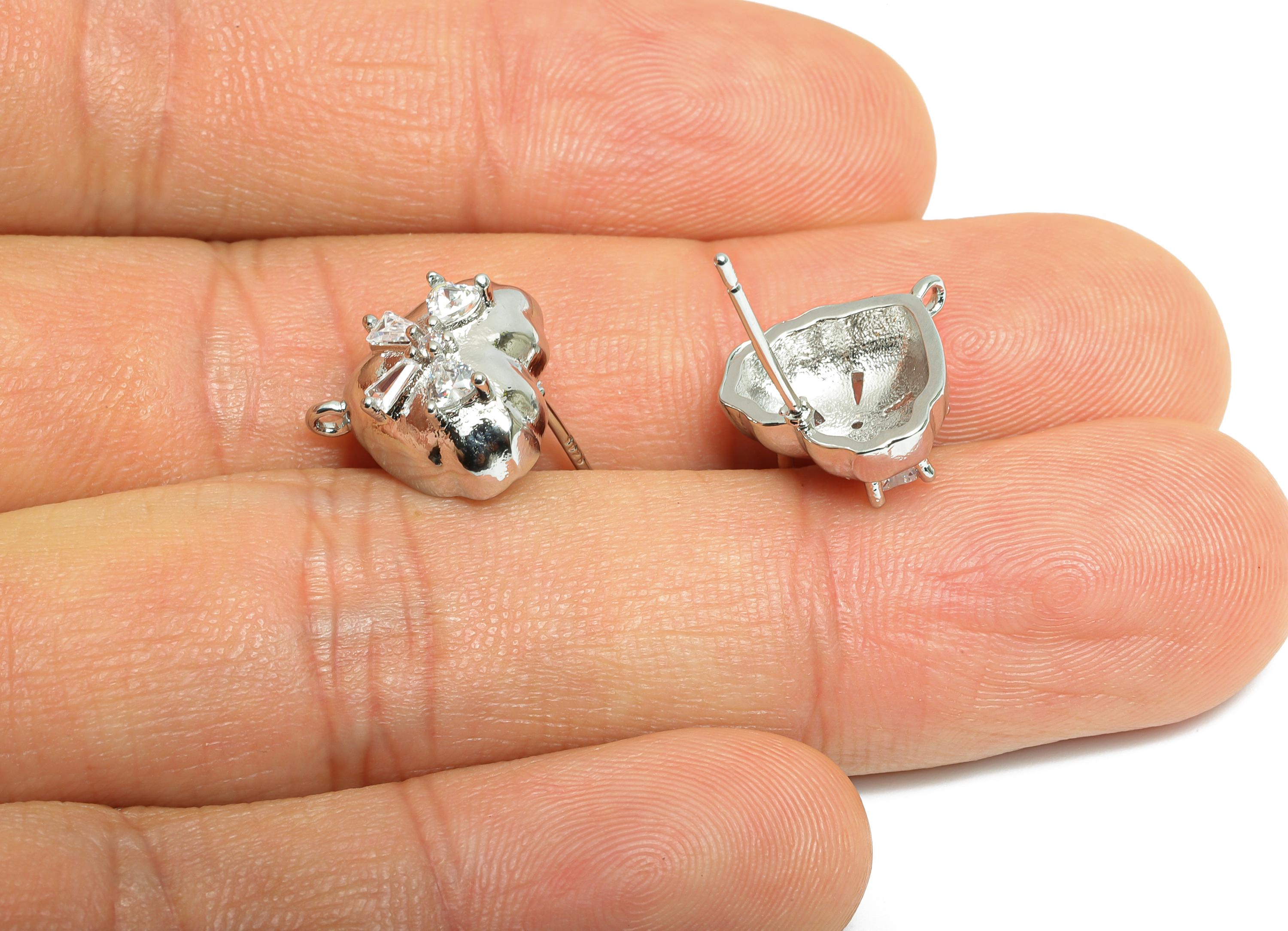 Brass CZ Heart Post - Brass Sparking Heart Stud With Loop - Crystal Cute Bow Earring - 18K Real White Gold Plated - 13x13x6mm - RGP9654S - DOMEDBAZAAR