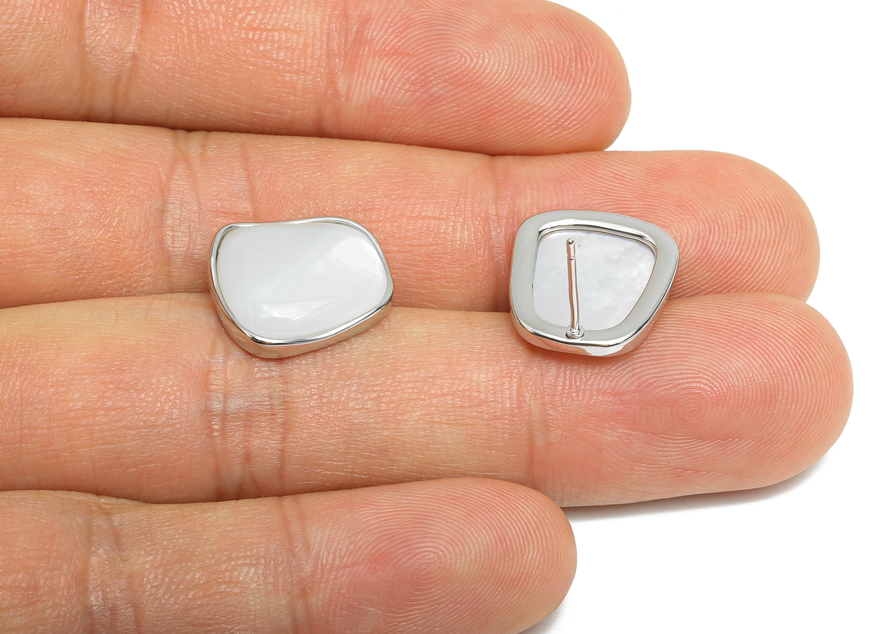 Sparkling Brass Stud - Brass Rectangle Seashell Earring - Geometric Silver Earring Post-18K White Gold Plated - 15.13x13.93x0.74mm-RGP9580S - DOMEDBAZAAR