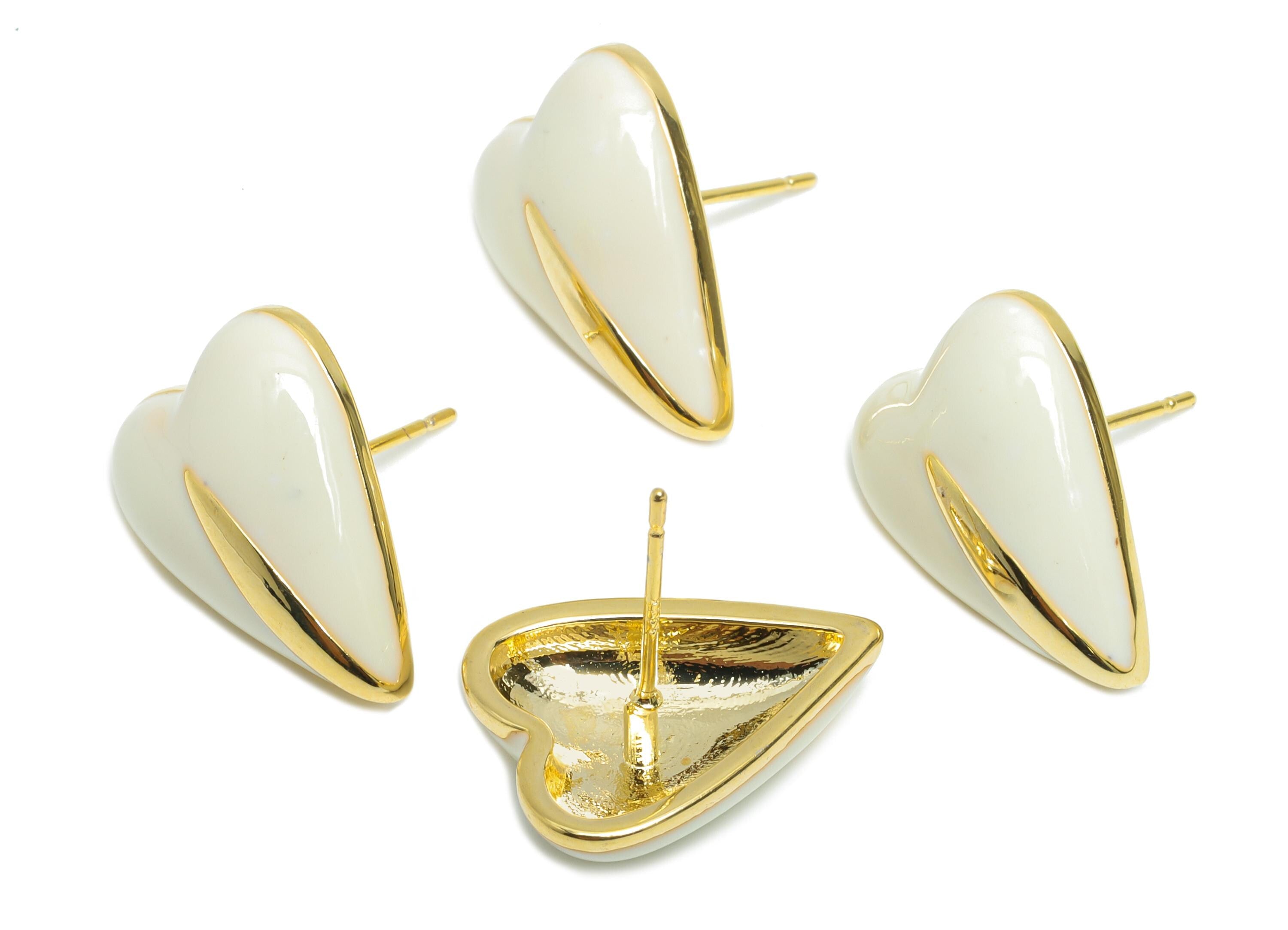 Brass Enamel Heart Stud - White Enamel Chic Colorful Earring Stud - Refined Jewelry - 18K Real Gold Plating - 17.6x13.59x0.7mm - RGP9605A - DOMEDBAZAAR