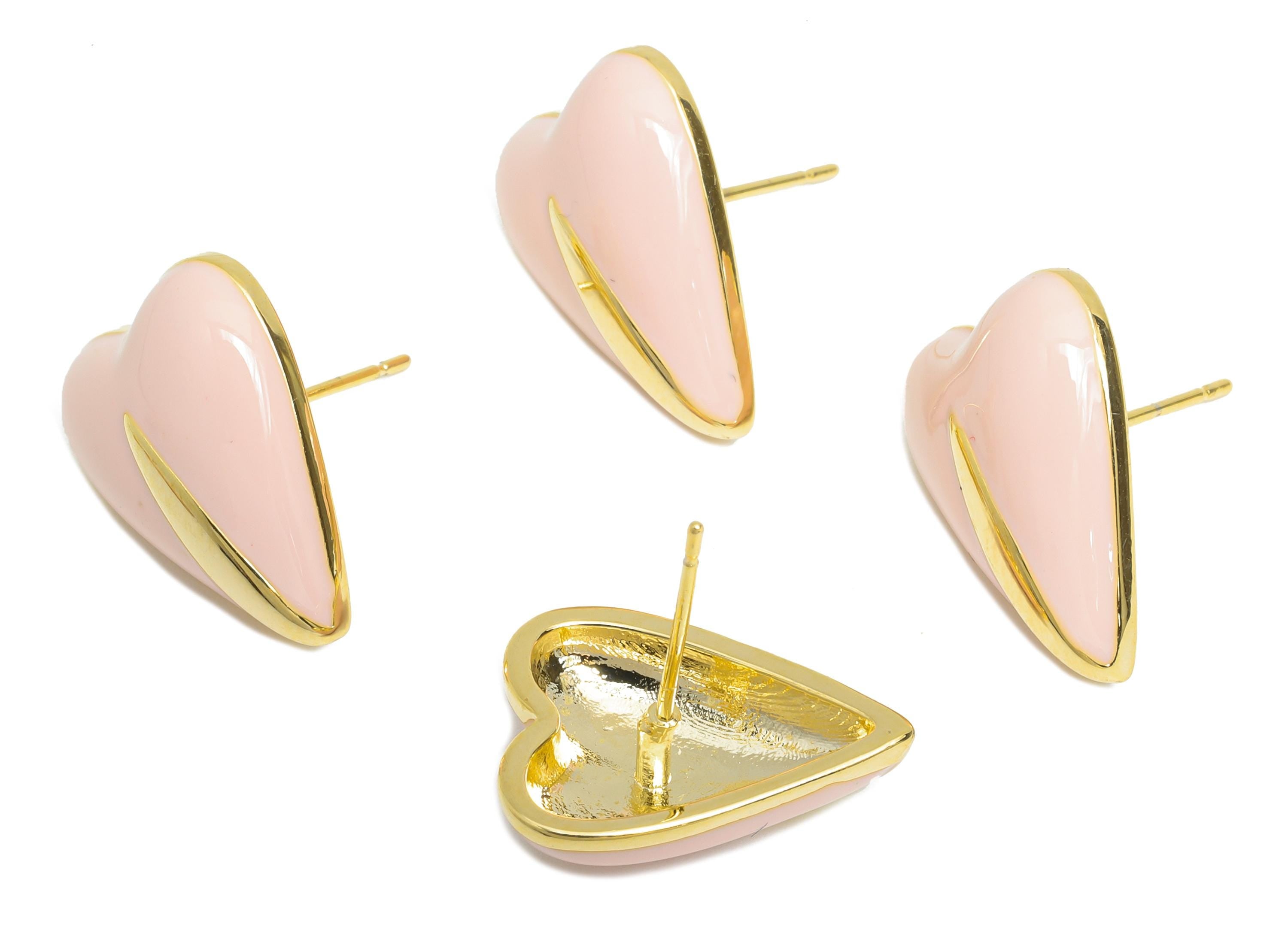 Brass Enamel Heart Post - Pink Enamel Chic Colorful Earring Stud - Refined Jewelry - 18K Real Gold Plated Brass - 17.6x13.59x0.7mm -RGP9605B - DOMEDBAZAAR