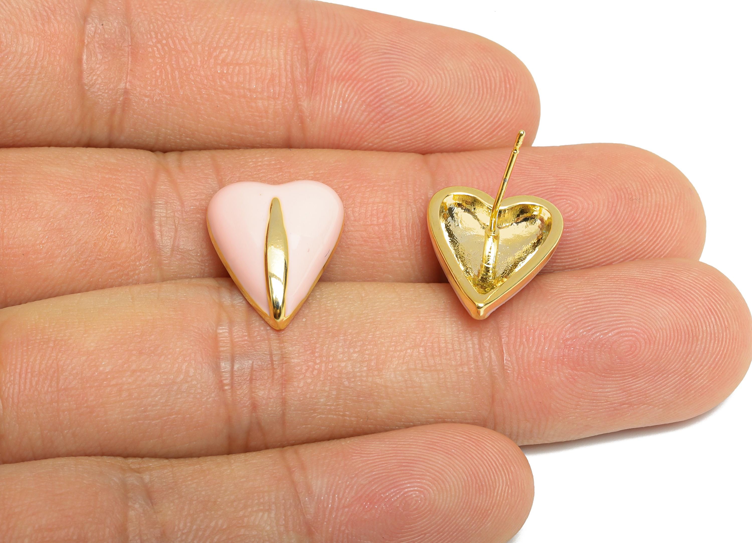 Brass Enamel Heart Post - Pink Enamel Chic Colorful Earring Stud - Refined Jewelry - 18K Real Gold Plated Brass - 17.6x13.59x0.7mm -RGP9605B - DOMEDBAZAAR