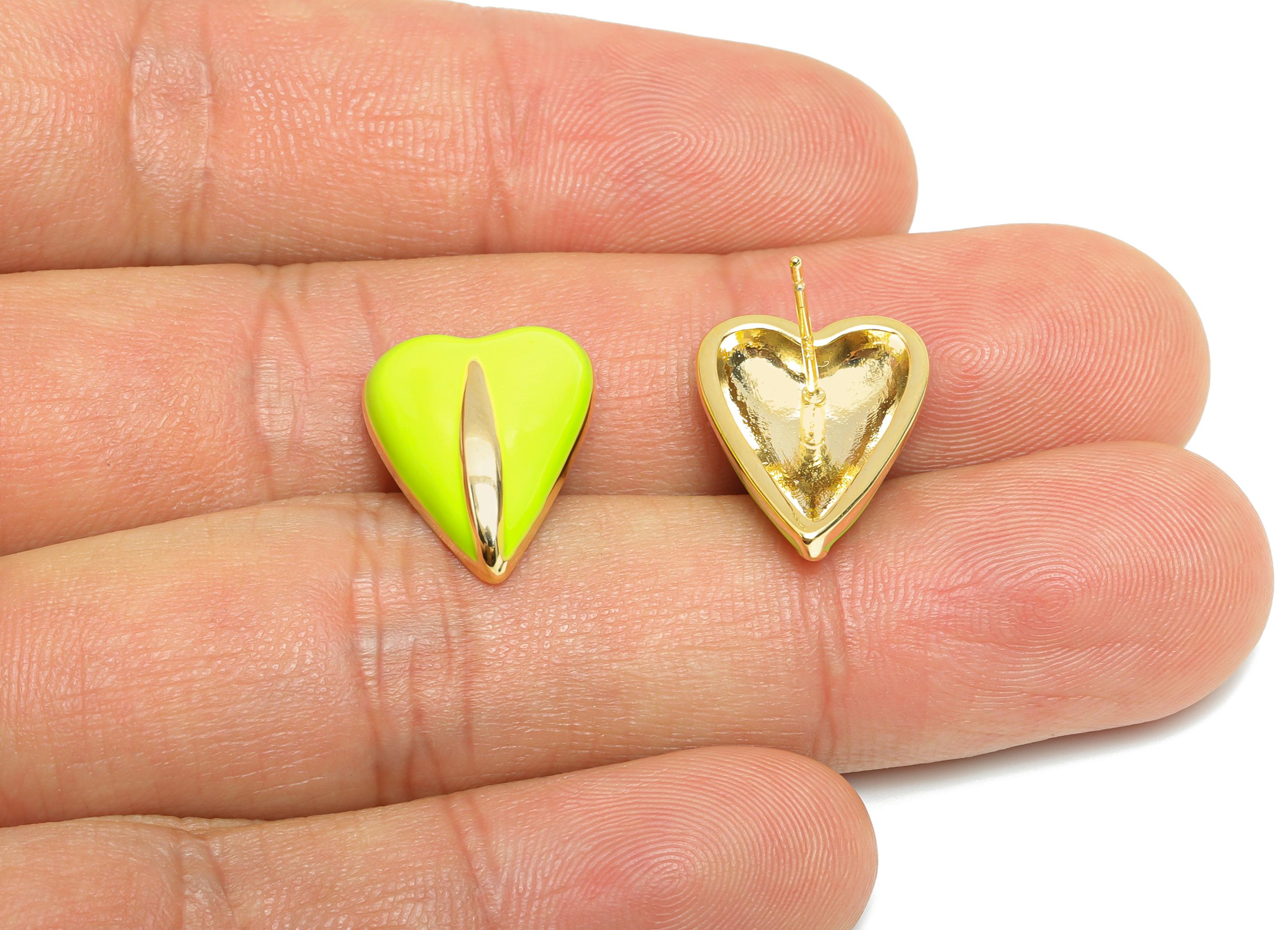 Brass Enamel Heart Posts - Green Enamel Chic Colorful Earring Stud - Refined Jewelry - 18K Real Gold Plating - 17.6x13.59x0.7mm - RGP9605C - DOMEDBAZAAR