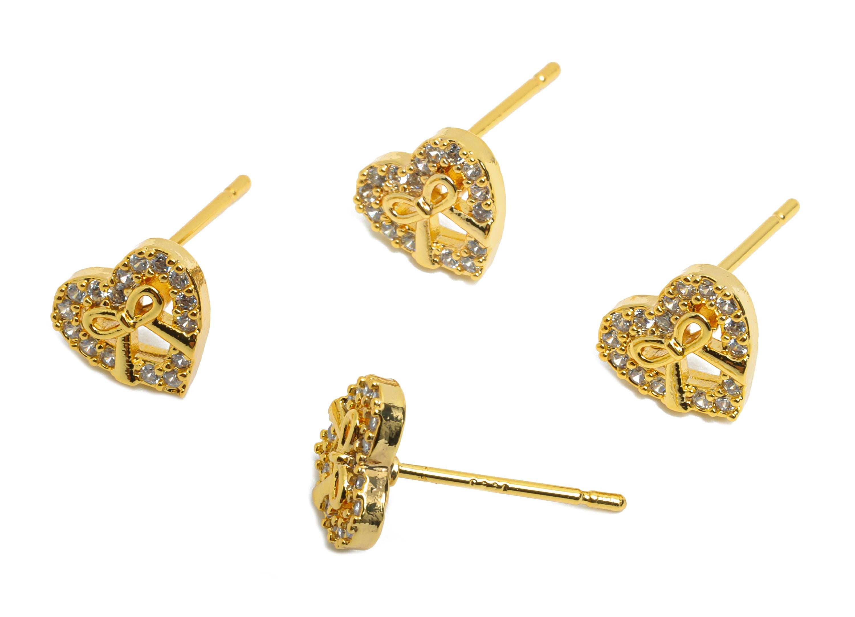 Brass CZ Heart Earring Post - Brass Sparking Tiny Heart Earring Stud - Crystal Cute Bow Earring - 18K Real Gold Plating - 8x7x2mm - RGP9665 - DOMEDBAZAAR