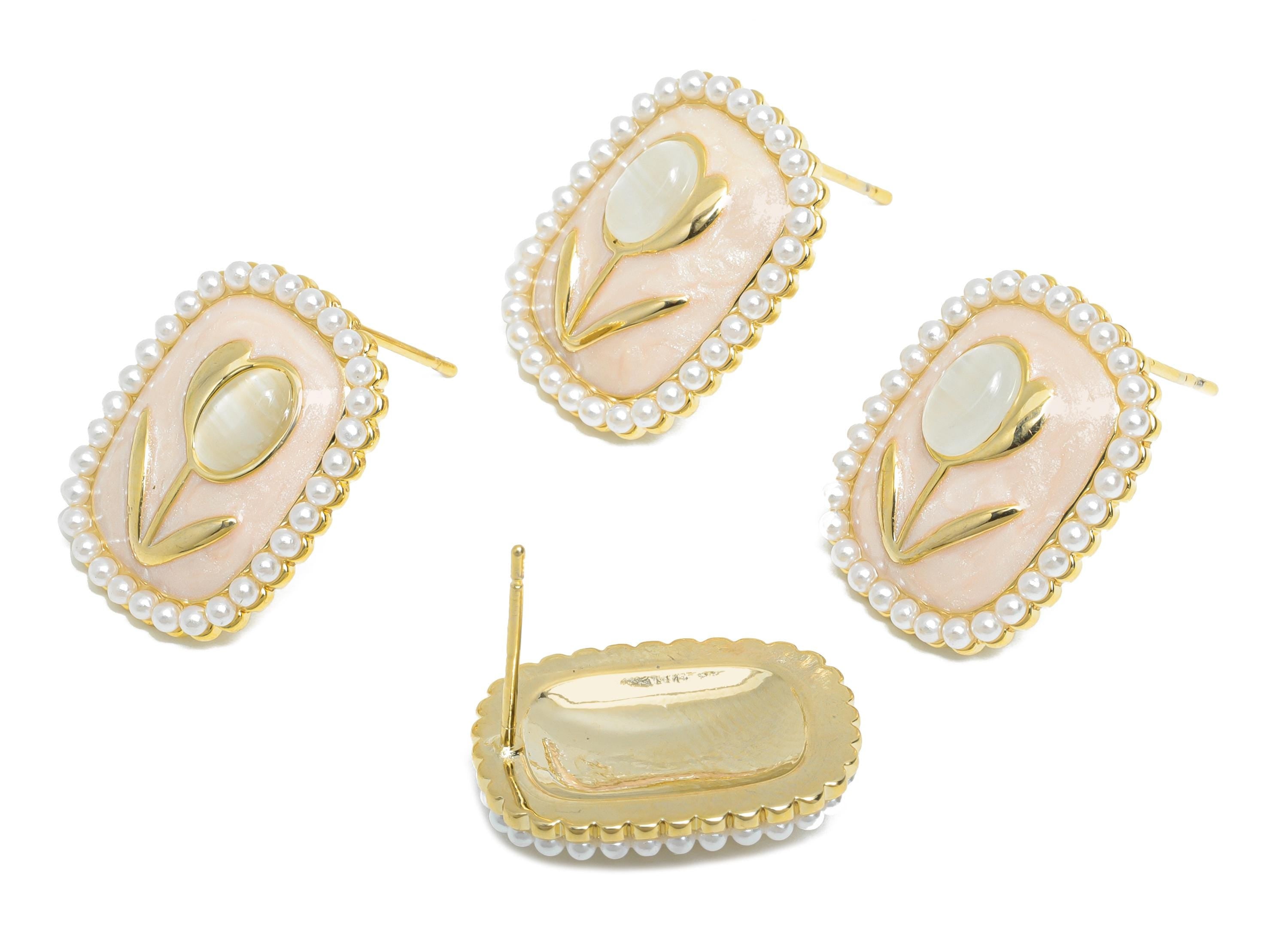 Brass Enamel Earring Stud - Pink Opal Stone Tulip Earring - Rectangle Imitation Pearl Earring - 18K Gold Plated -18.69x14.52x0.71mm-RGP9582A - DOMEDBAZAAR