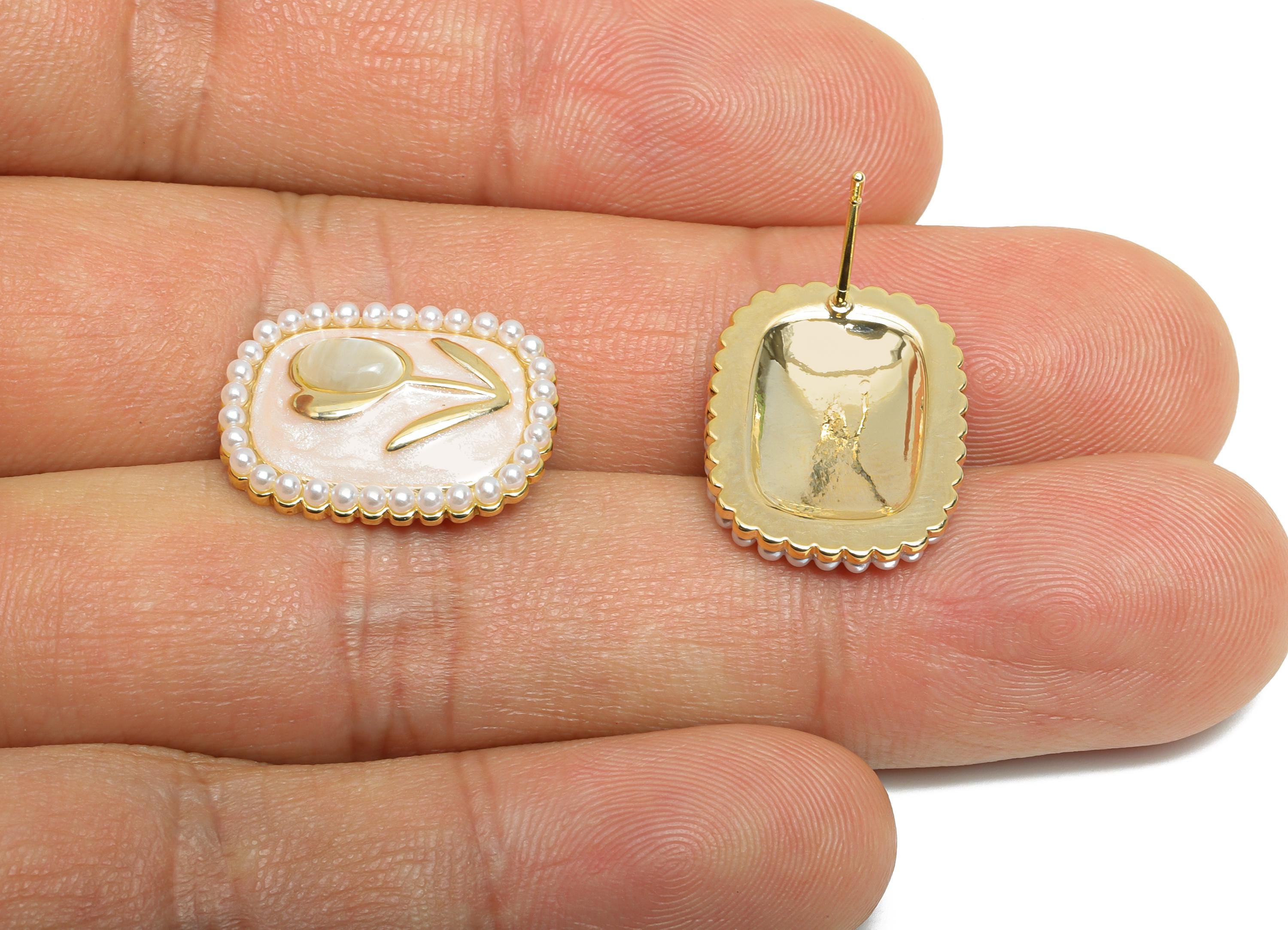 Brass Enamel Earring Stud - Pink Opal Stone Tulip Earring - Rectangle Imitation Pearl Earring - 18K Gold Plated -18.69x14.52x0.71mm-RGP9582A - DOMEDBAZAAR