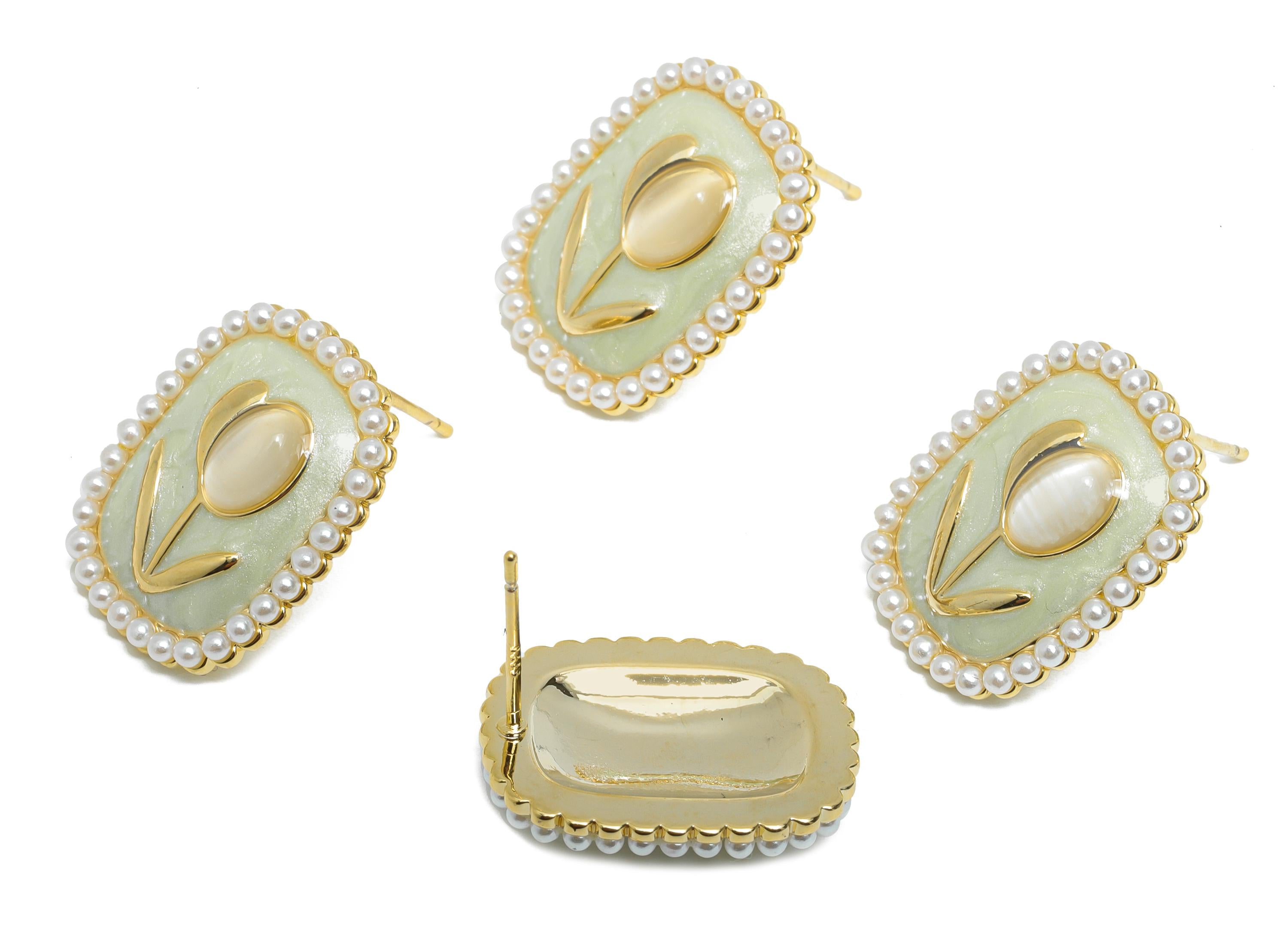 Brass Enamel Earring Stud - Green Opal Stone Tulip Earring - Rectangle Imitation Pearl Earring -18K Gold Plated -18.69x14.52x0.71mm-RGP9582B - DOMEDBAZAAR