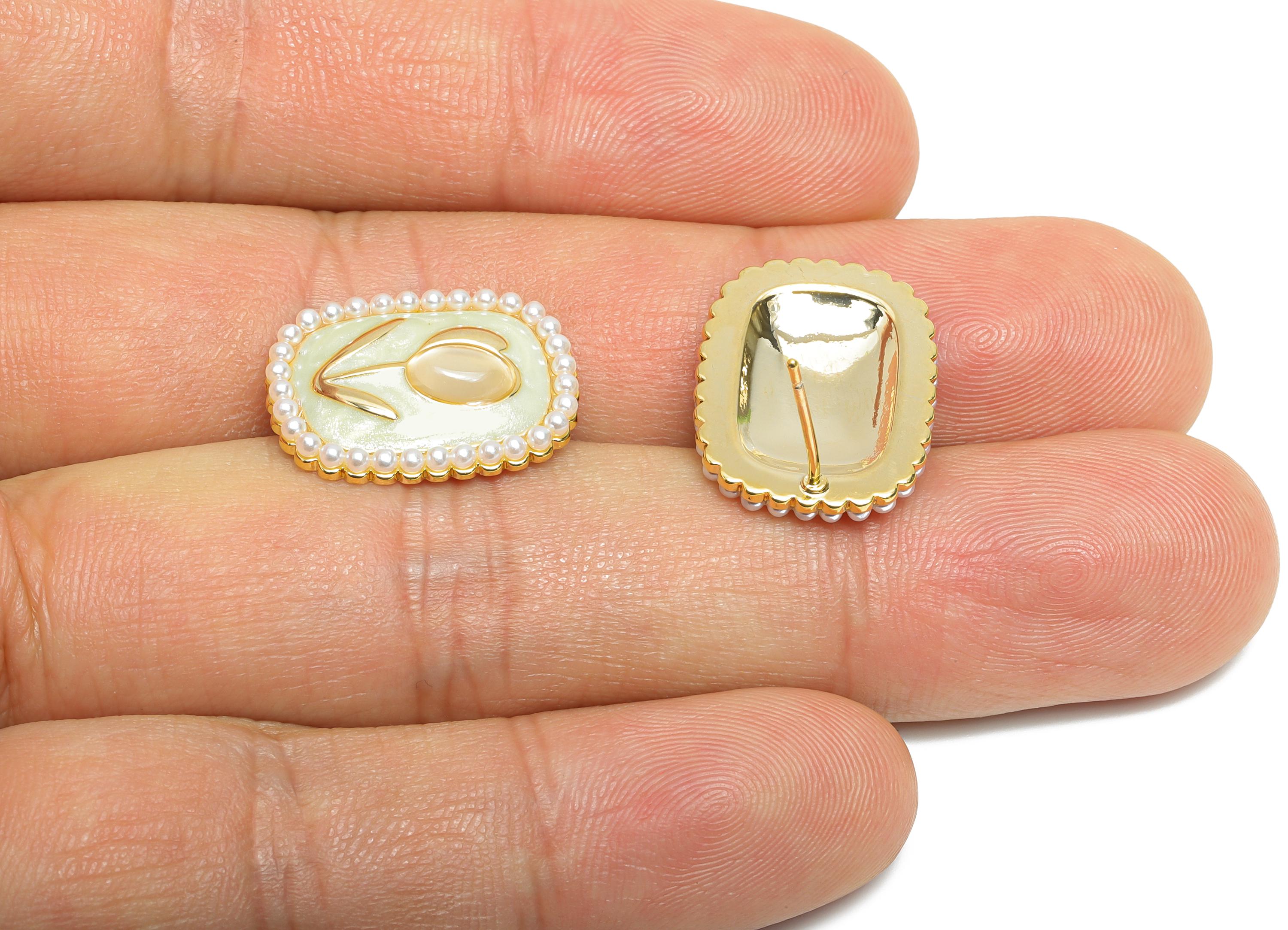 Brass Enamel Earring Stud - Green Opal Stone Tulip Earring - Rectangle Imitation Pearl Earring -18K Gold Plated -18.69x14.52x0.71mm-RGP9582B - DOMEDBAZAAR