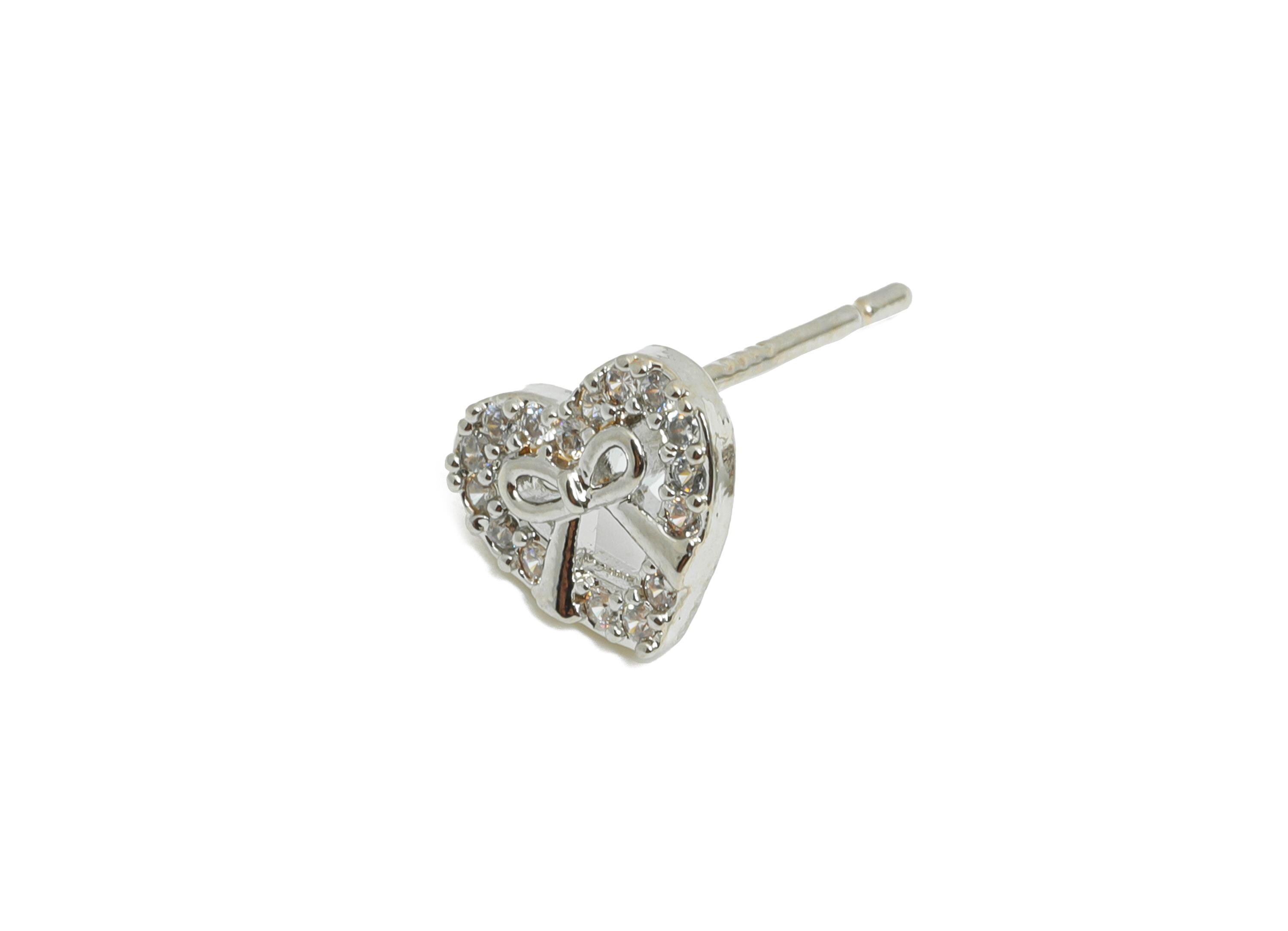 Brass Heart Earring Post - Brass Sparking Tiny Heart Earring Stud - Crystal Cute Bow Earring - 18K Real White Gold Plated - 8x7x2mm-RGP9665S - DOMEDBAZAAR