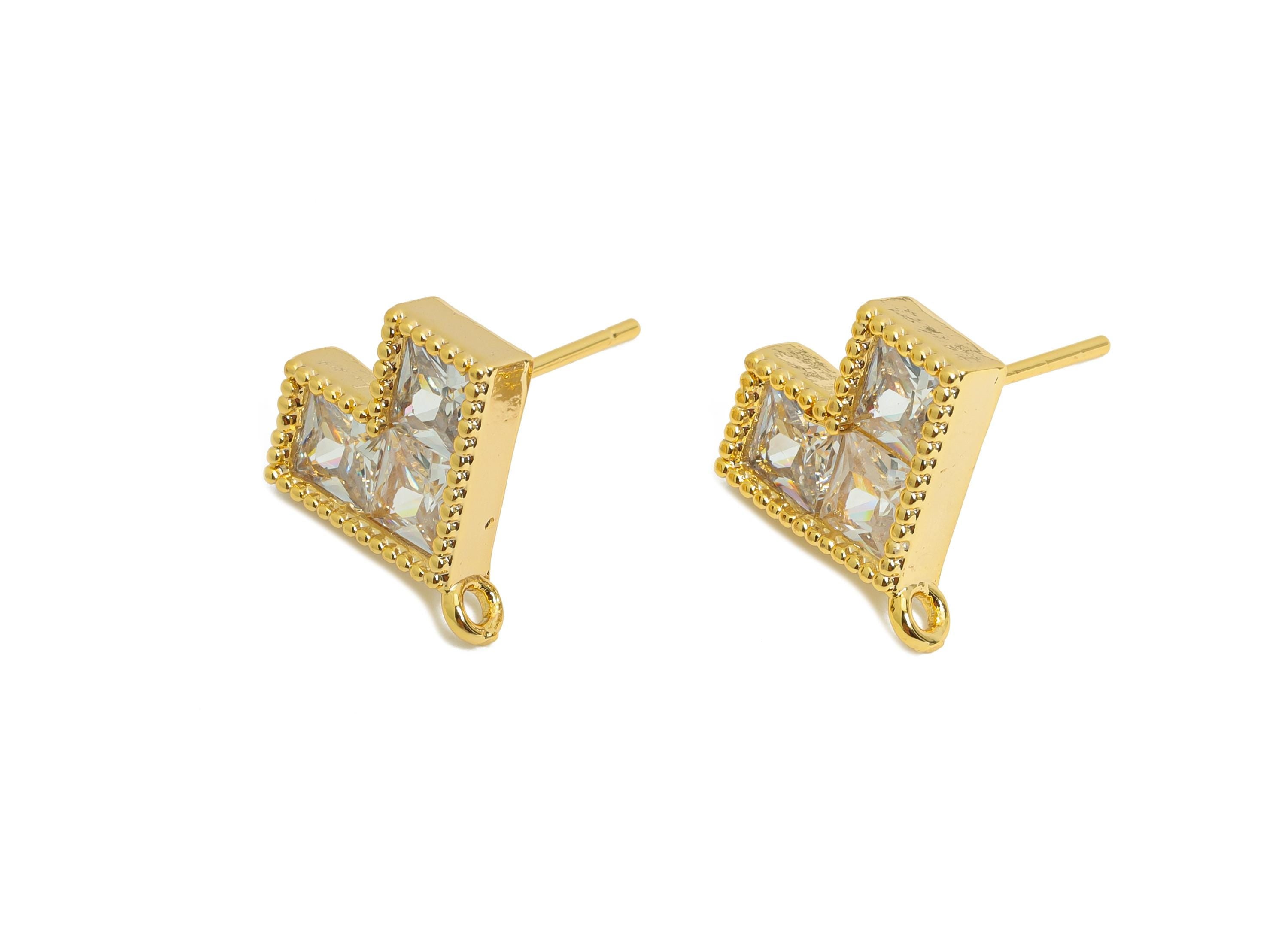 Brass CZ Heart Post - Brass Gold Geometric Heart Earring Stud - Bold Earring Stud With Loop - 18K Real Gold Plating - 13x13x3mm - RGP9648 - DOMEDBAZAAR