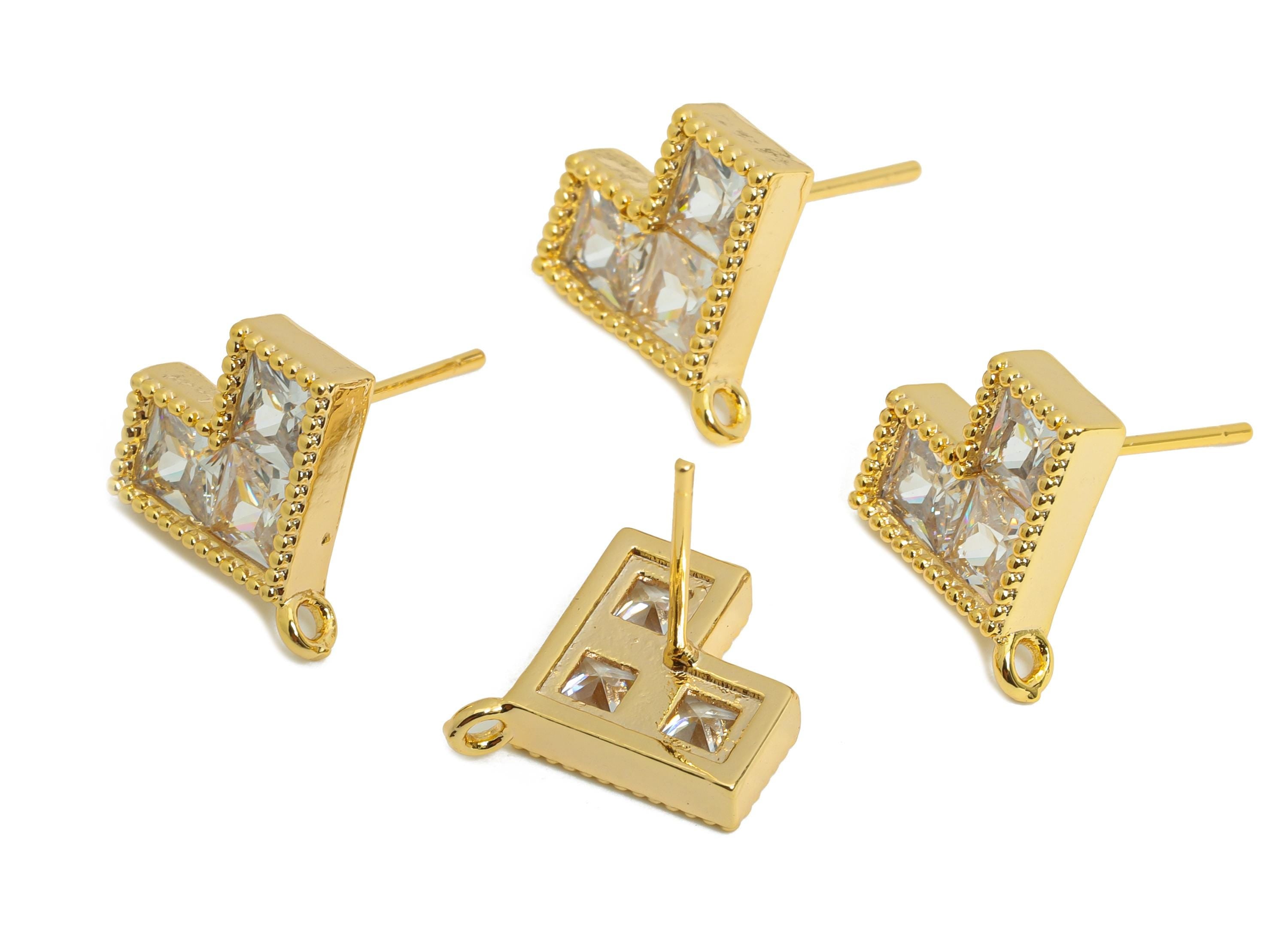Brass CZ Heart Post - Brass Gold Geometric Heart Earring Stud - Bold Earring Stud With Loop - 18K Real Gold Plating - 13x13x3mm - RGP9648 - DOMEDBAZAAR