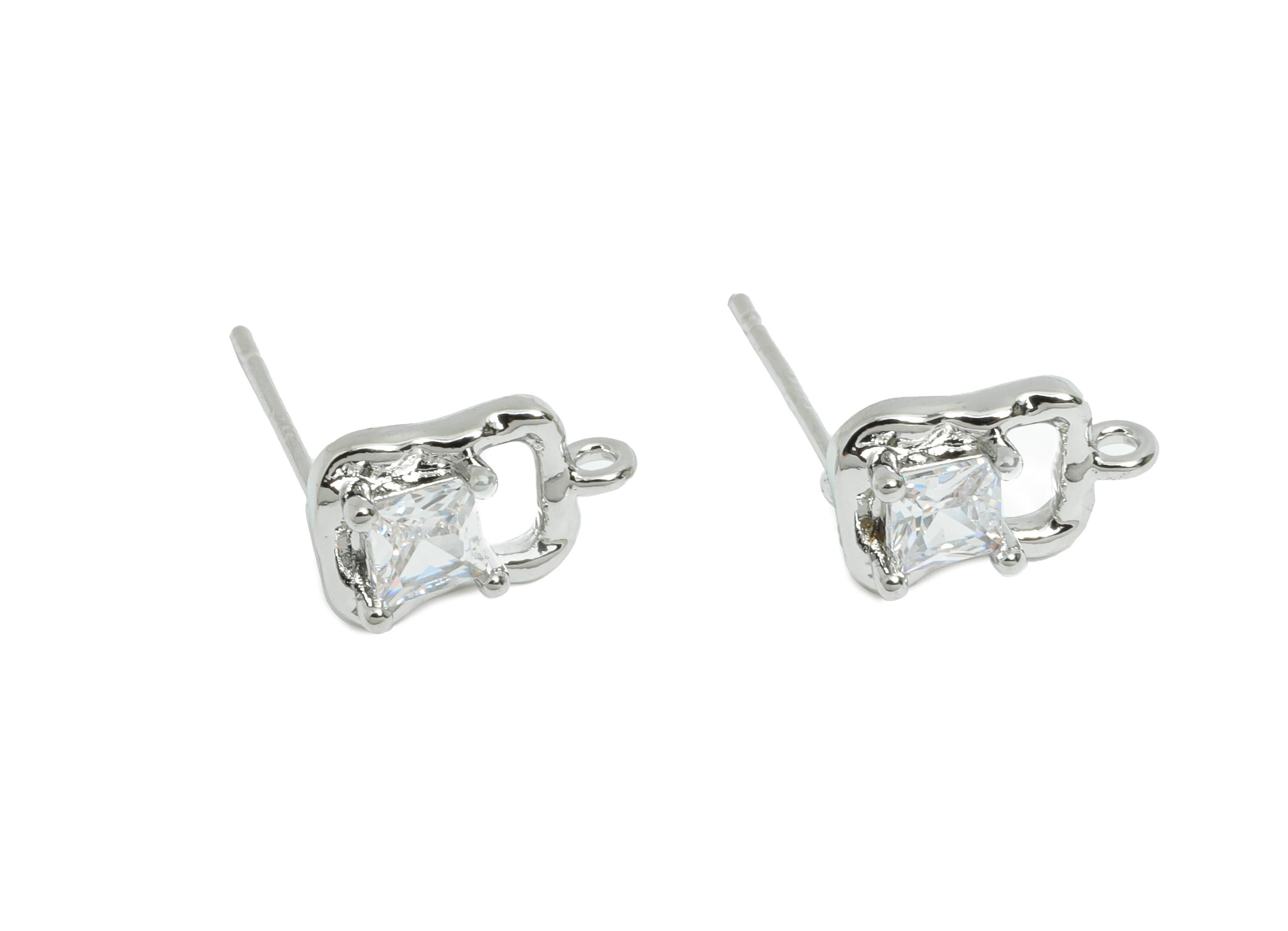 Zircon Gemstone Post - Brass Geometric Earring Stud - Modern Earring Stud With Loop - 18K Real White Gold Plated - 11.6x7x3mm - RGP9655S - DOMEDBAZAAR