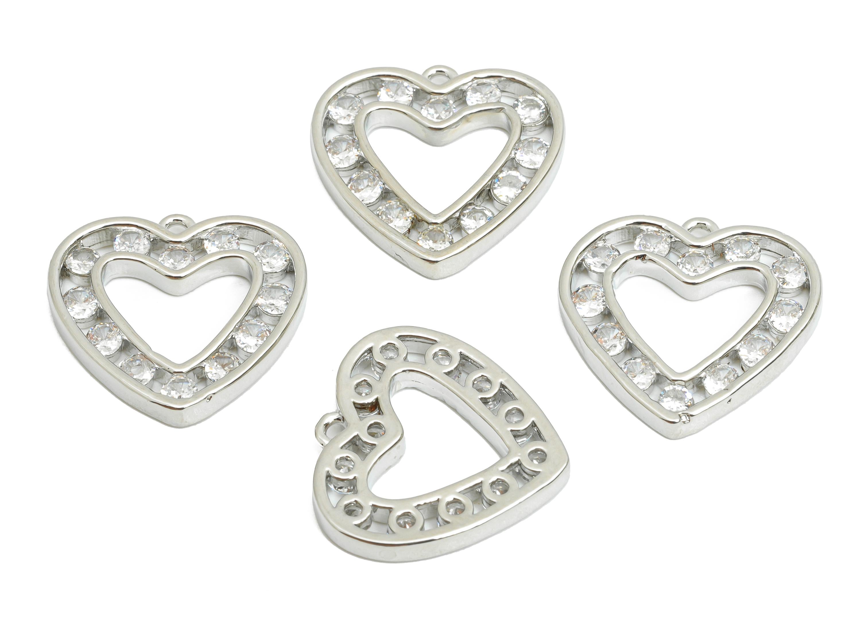 Brass Heart Earring Charm - Brass Sparkling Zircon Pendant - Crystal Romantic Gift Idea - 18K Real White Gold Plated - 17x17x2mm - RGP9670S - DOMEDBAZAAR