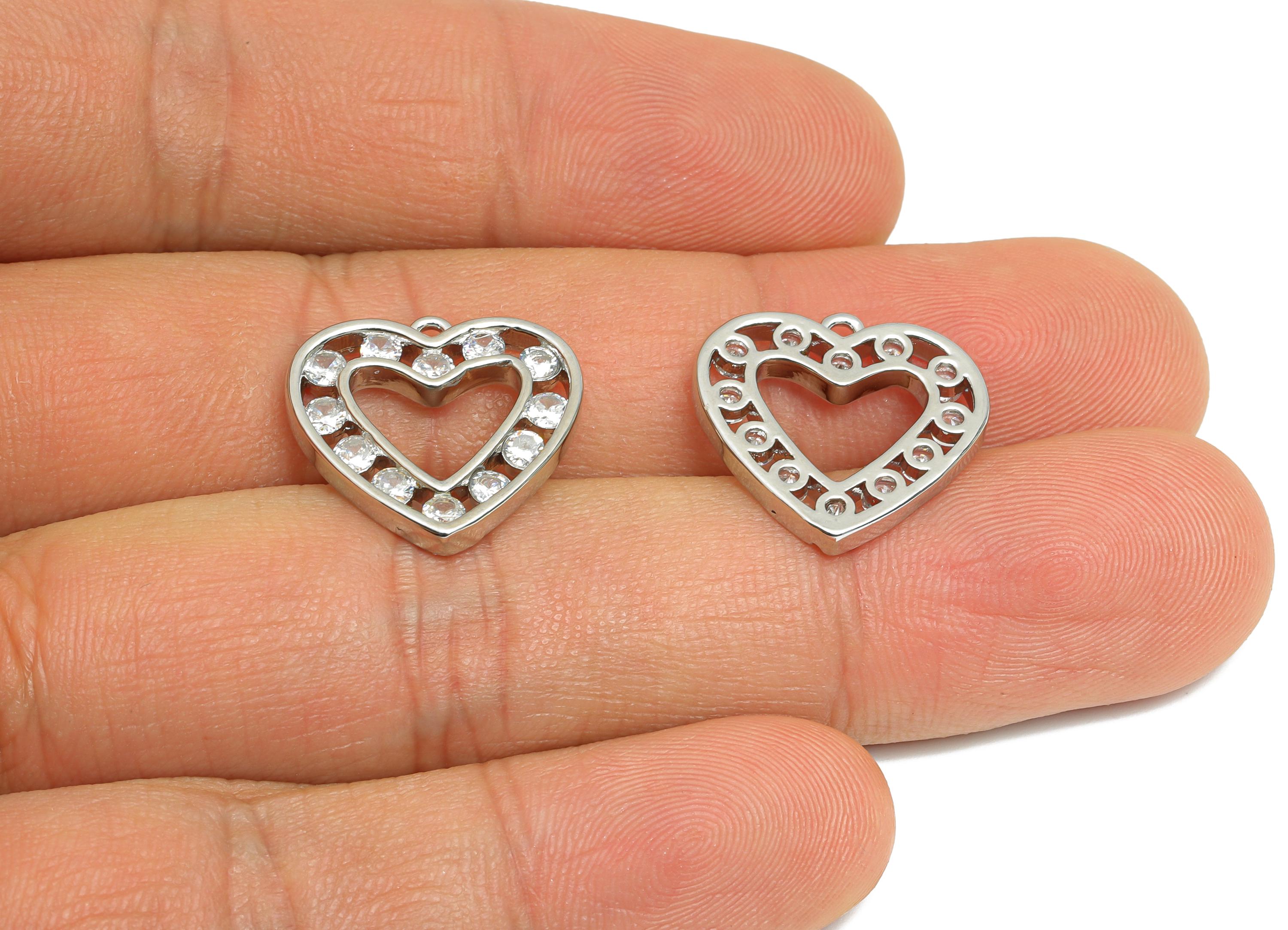 Brass Heart Earring Charm - Brass Sparkling Zircon Pendant - Crystal Romantic Gift Idea - 18K Real White Gold Plated - 17x17x2mm - RGP9670S - DOMEDBAZAAR