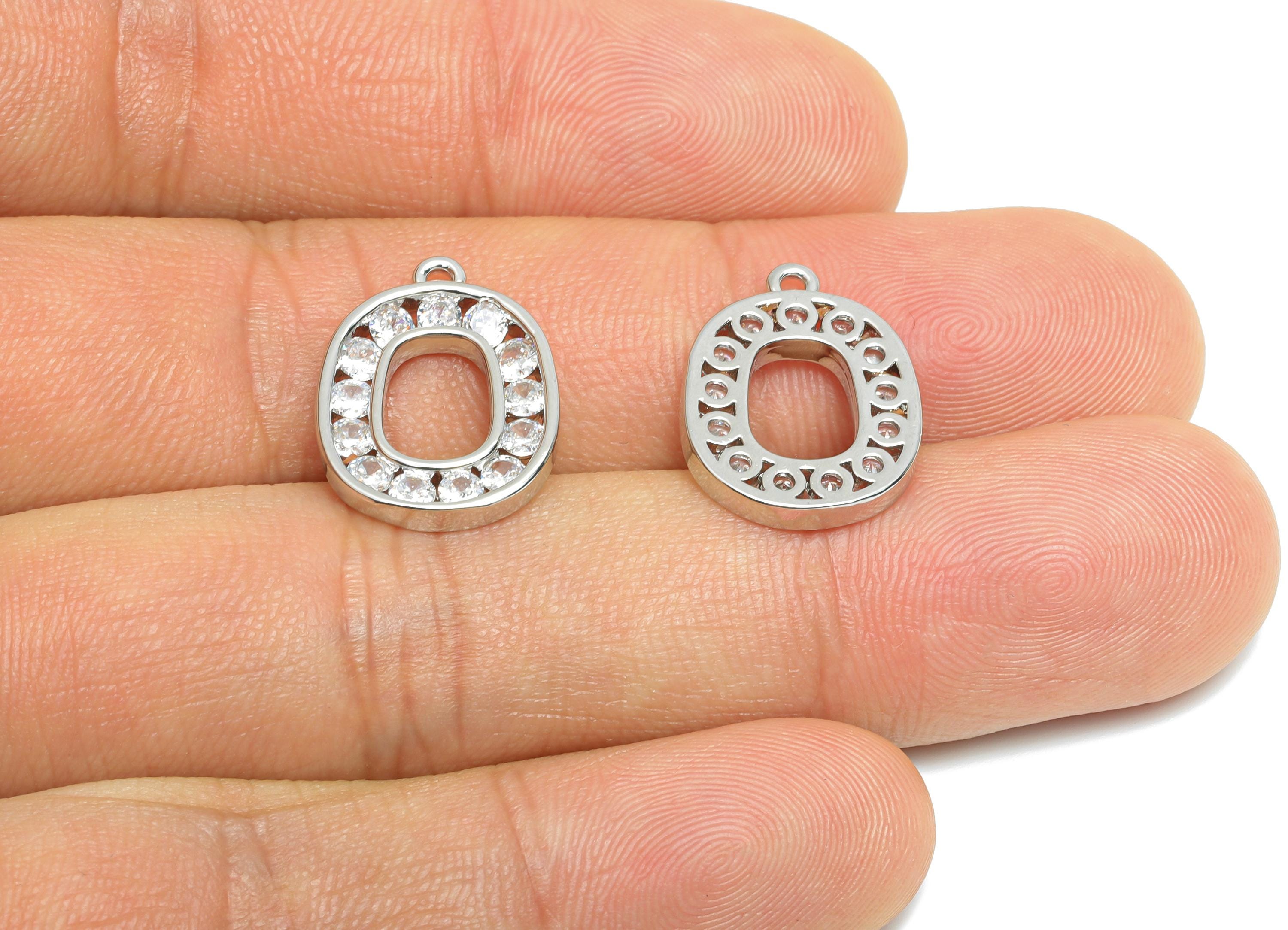 Brass Geometry Earring Charm - Brass Sparkling Zircon Pendant - Crystal Alphabet Charm - 18K Real White Gold Plated - 8x13.6x2mm - RGP9674S - DOMEDBAZAAR