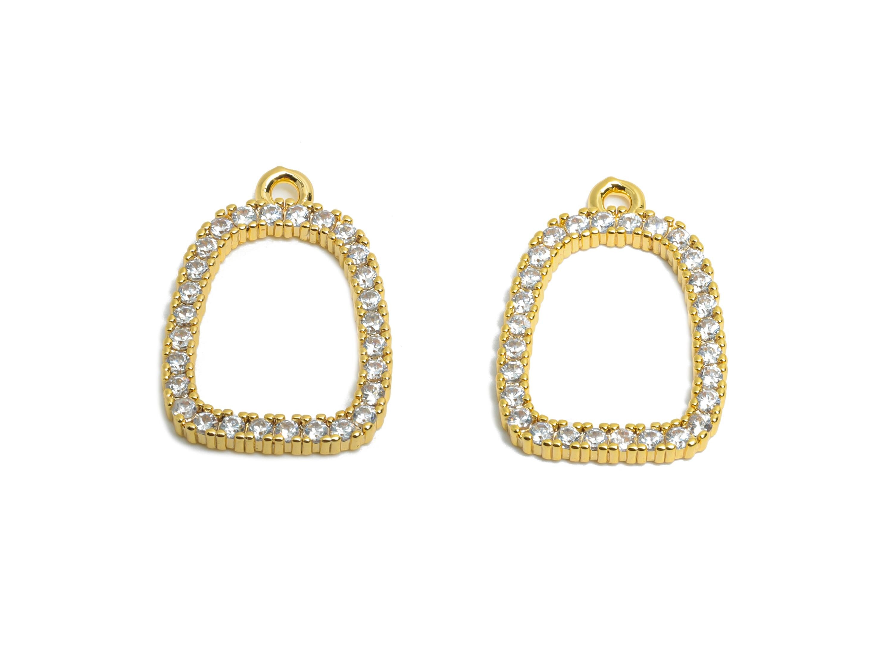 Brass Geometry Earring Charm - Brass Sparkling Zircon Pendant - Crystal Customized Jewelry - 18K Real Gold Plated - 19x13x1.95mm - RGP9677 - DOMEDBAZAAR