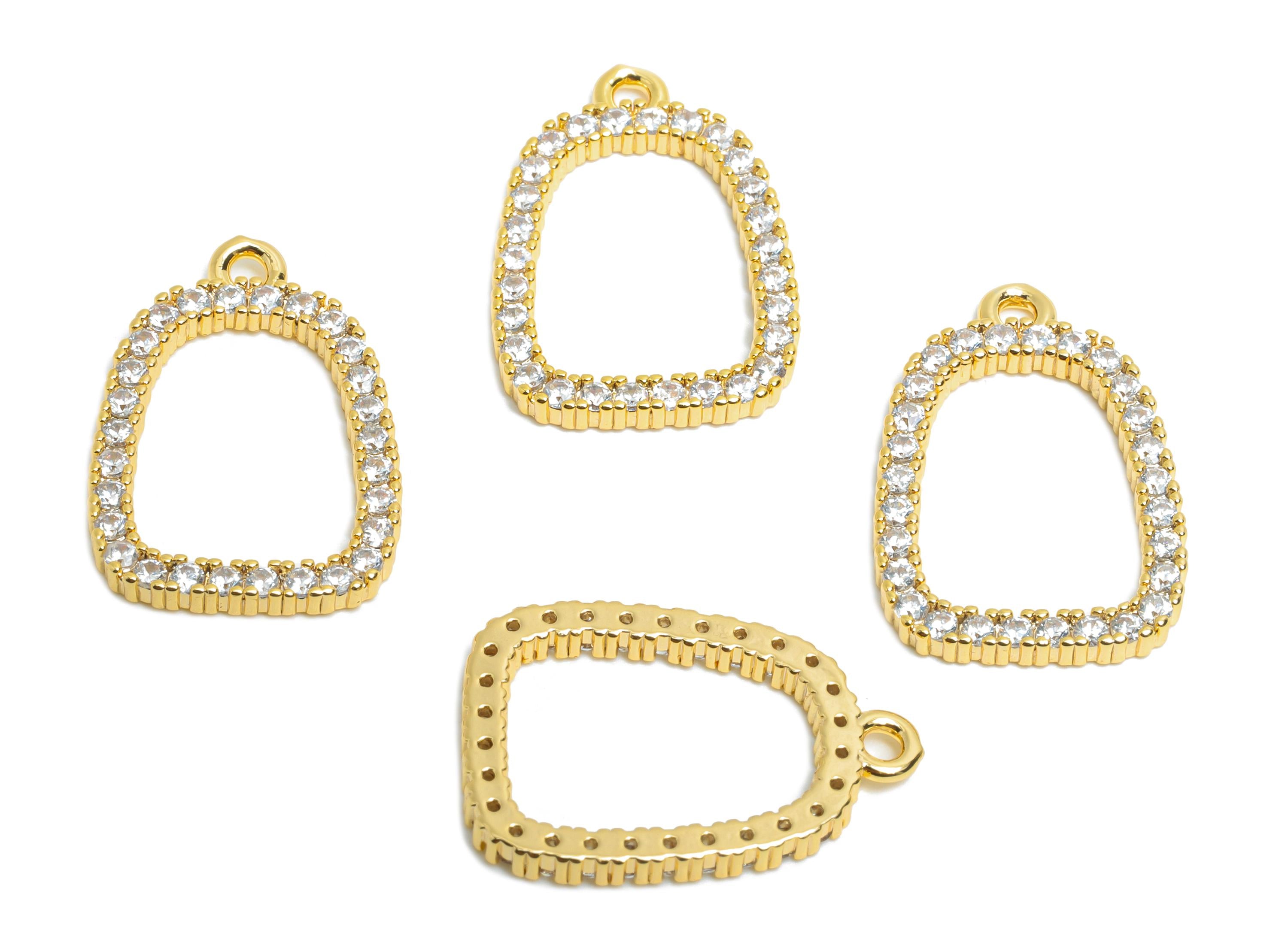 Brass Geometry Earring Charm - Brass Sparkling Zircon Pendant - Crystal Customized Jewelry - 18K Real Gold Plated - 19x13x1.95mm - RGP9677 - DOMEDBAZAAR