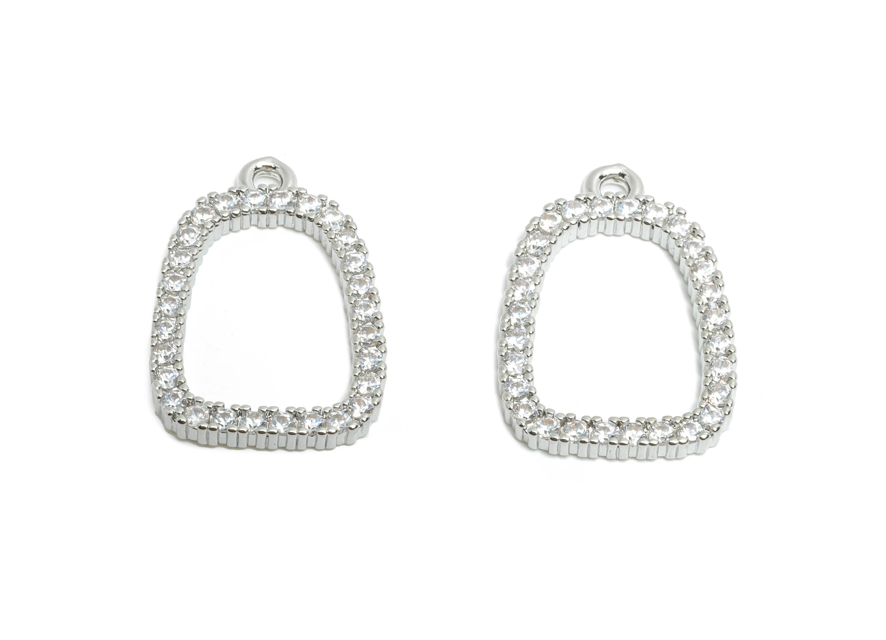 Brass Geometry Earring Charm - Brass Dazzling Zircon Pendant - Crystal Customized Jewelry - 18K Real White Gold Plated - 19x13x1mm-RGP9677S - DOMEDBAZAAR