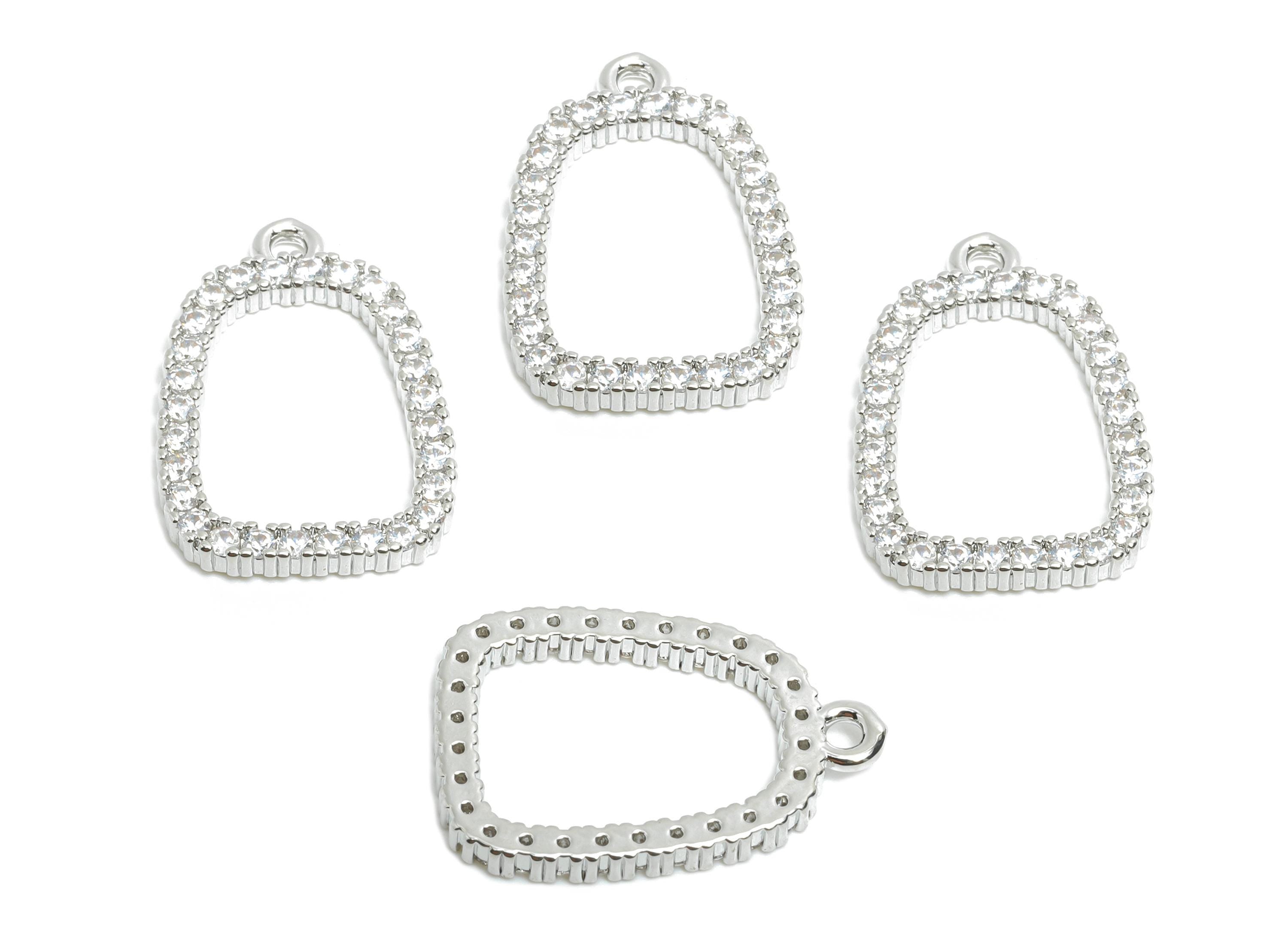 Brass Geometry Earring Charm - Brass Dazzling Zircon Pendant - Crystal Customized Jewelry - 18K Real White Gold Plated - 19x13x1mm-RGP9677S - DOMEDBAZAAR