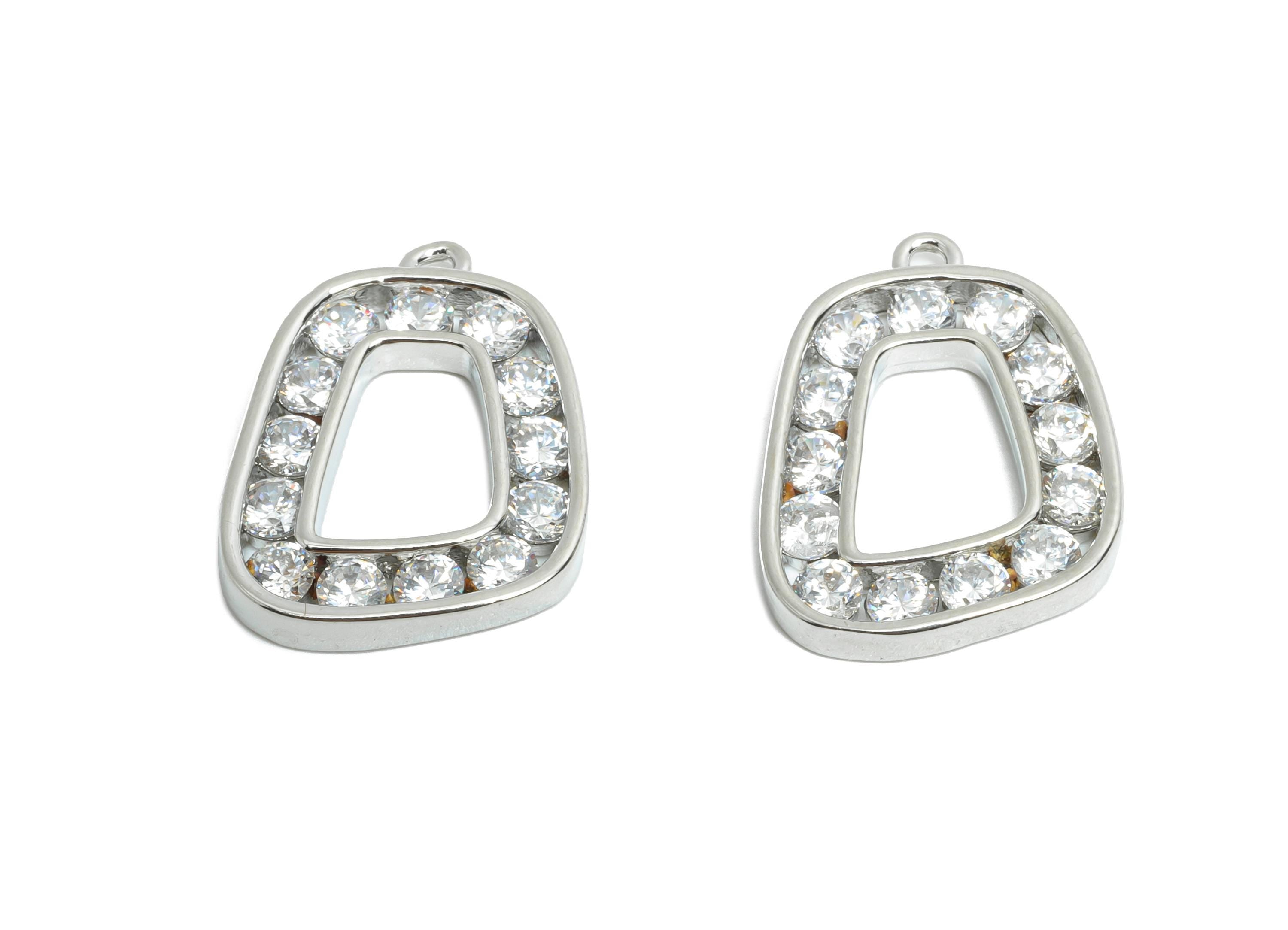 Silver Alphabet Charm - Brass Dainty Geometry Zircon Pendant - Sparkling Letter Accessory - 18K Real White Gold Plated - 18x14x2mm -RGP9671S - DOMEDBAZAAR