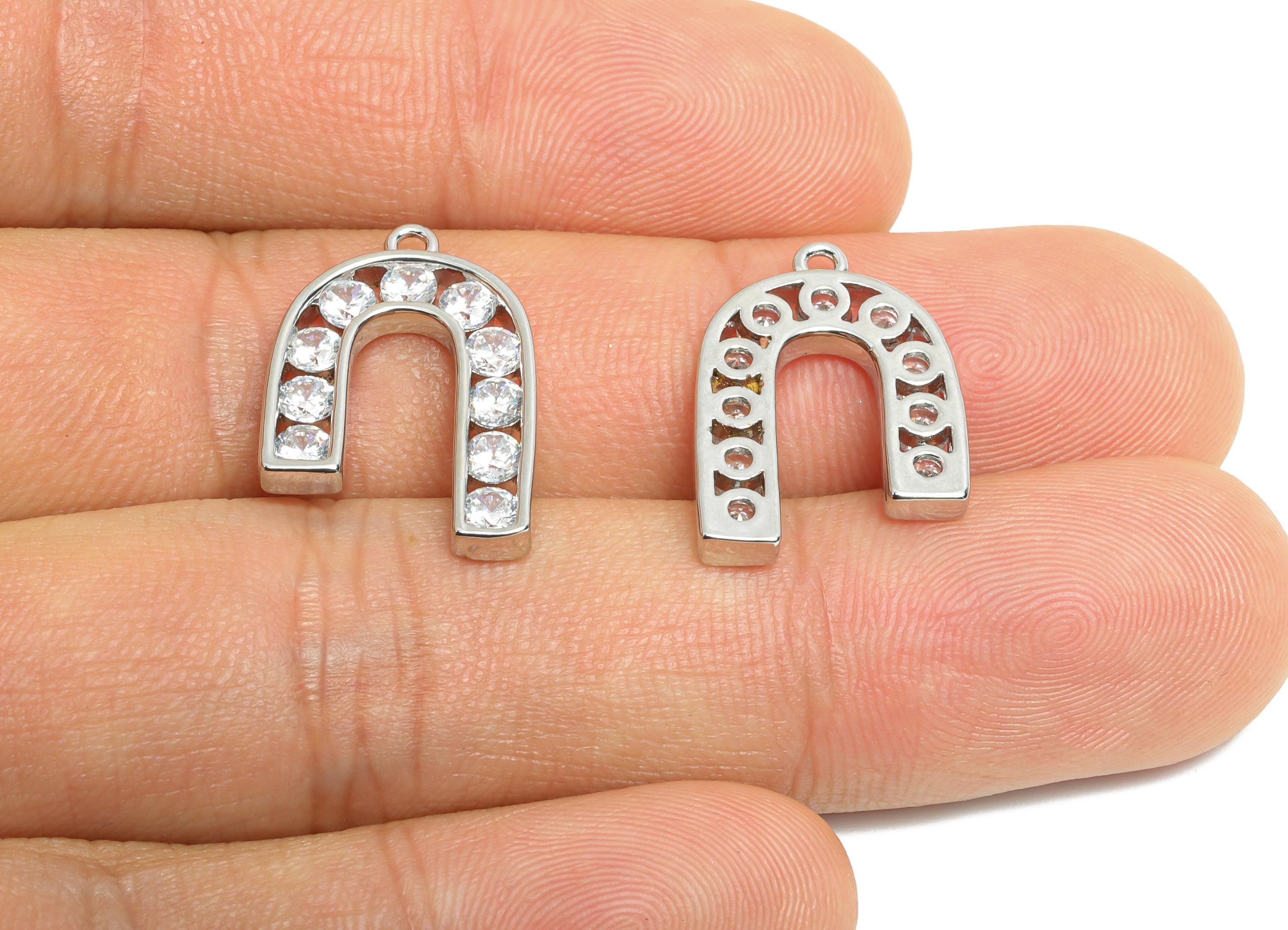 Silver Alphabet Charm - Brass Dainty Horseshoe Zircon Pendant - Sparkling Initial Jewelry - 18K Real White Gold Plated - 21x14x2mm -RGP9672S - DOMEDBAZAAR