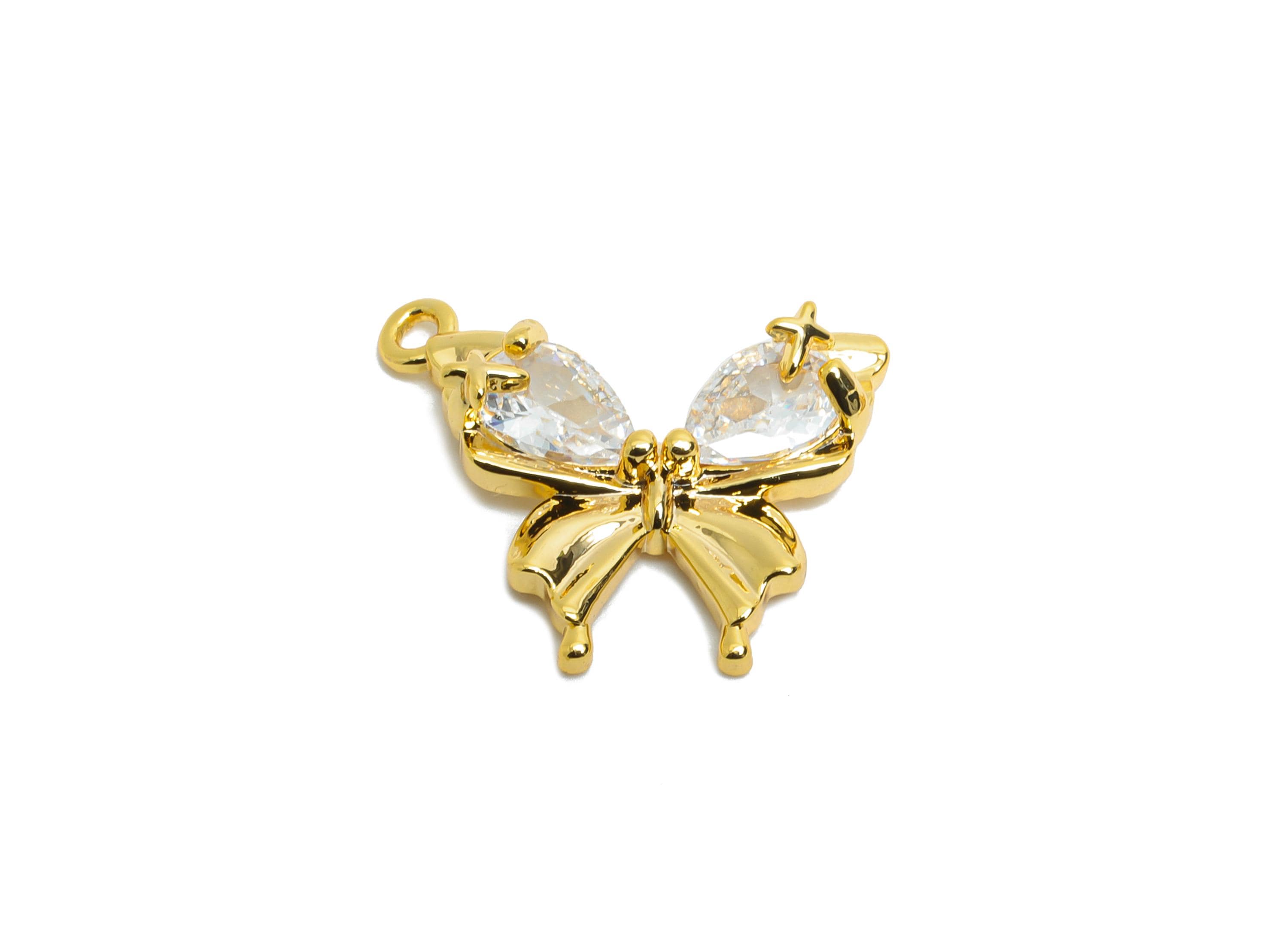 Brass Butterfly Pendant - Brass Dainty Teardrop Zircon Pendant - Lightweight Butterfly Charm - 18K Real Gold Plating - 16x13x3mm - RGP9675 - DOMEDBAZAAR