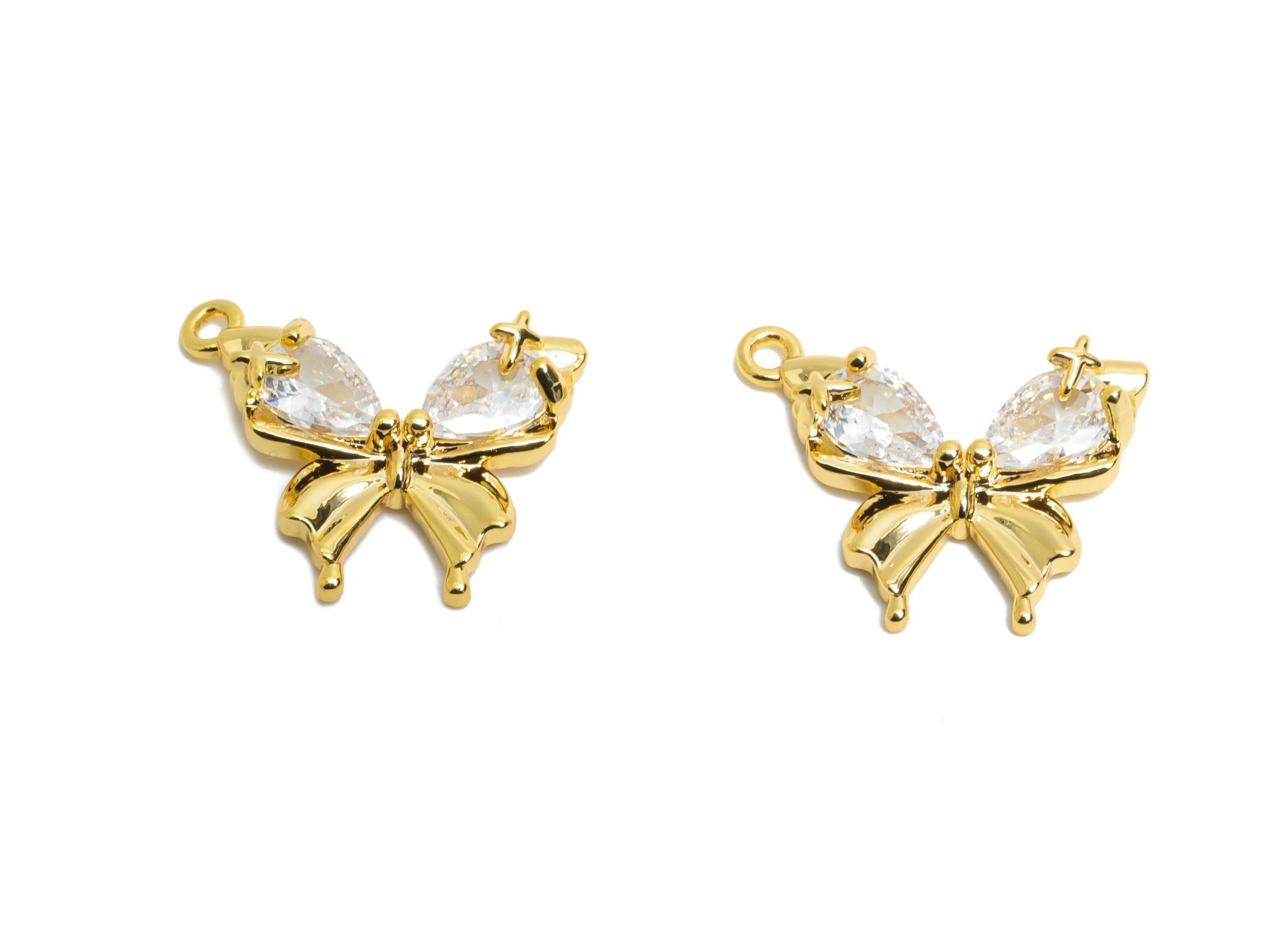 Brass Butterfly Pendant - Brass Dainty Teardrop Zircon Pendant - Lightweight Butterfly Charm - 18K Real Gold Plating - 16x13x3mm - RGP9675 - DOMEDBAZAAR