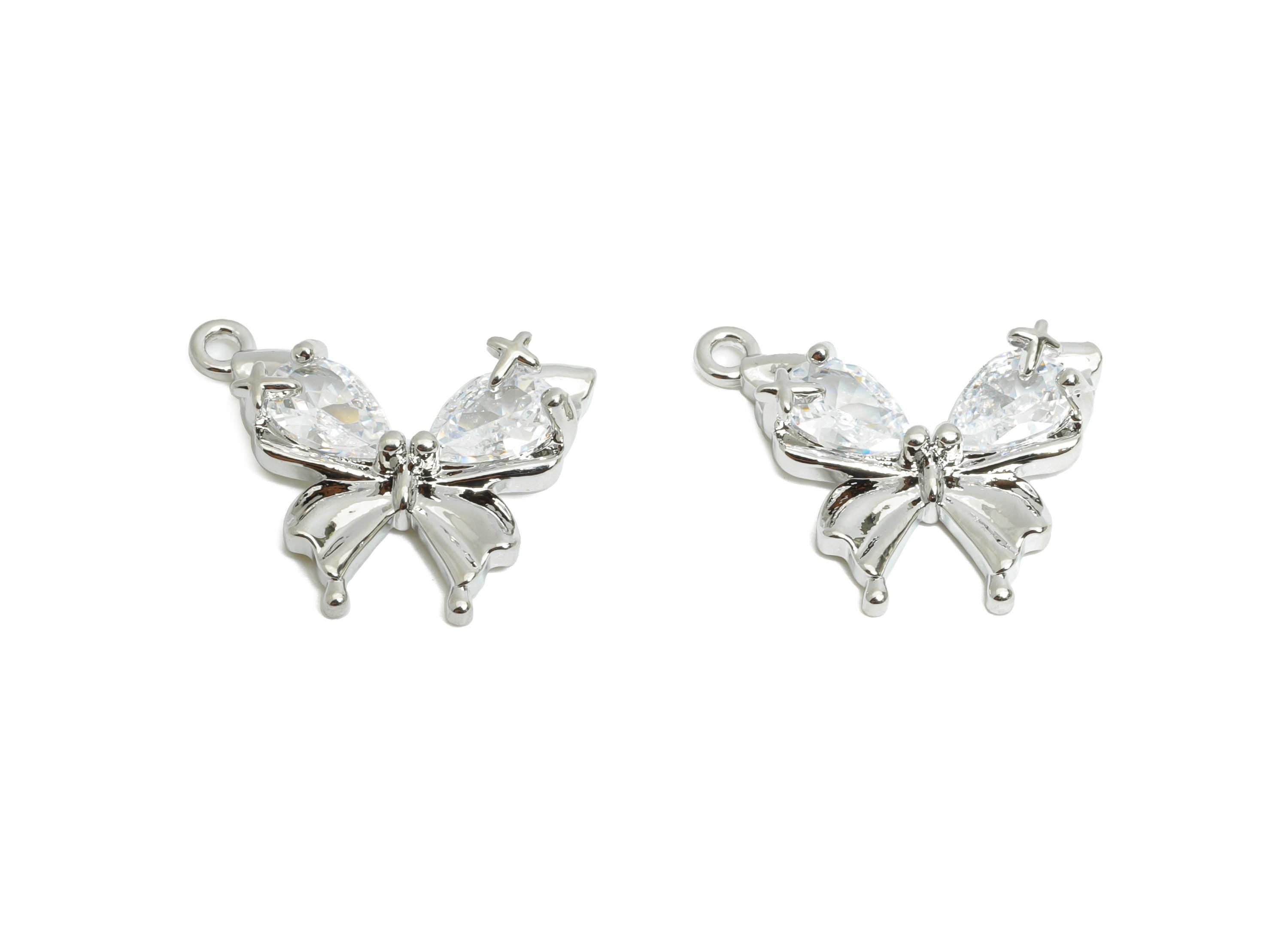 Brass Butterfly Pendant - Brass Dainty Teardrop Zircon Pendant - Modern Butterfly Charm - 18K Real White Gold Plated - 16x13x3mm - RGP9675S - DOMEDBAZAAR