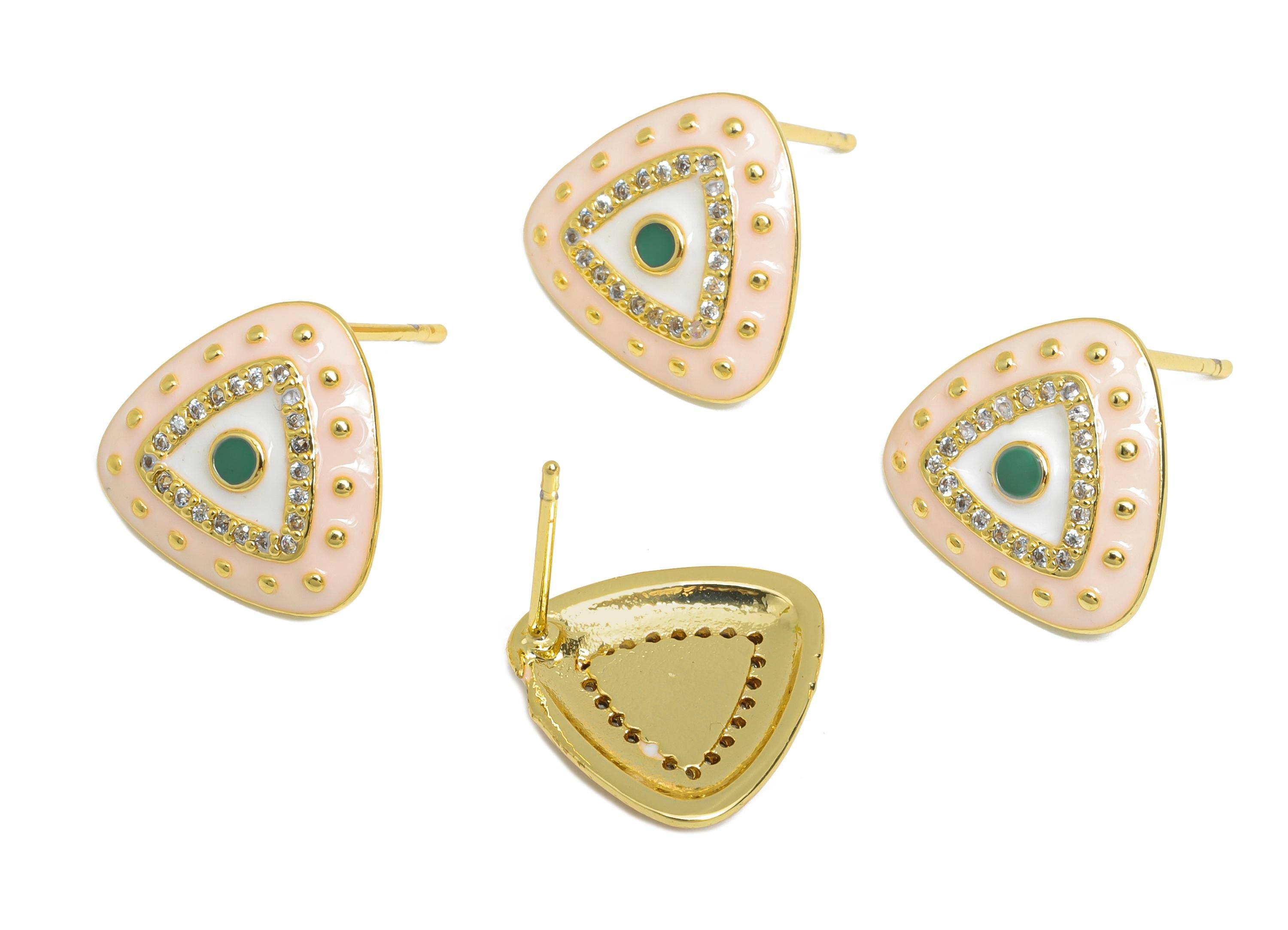 Brass CZ Triangle Post - Sparkling Eye Earring Stud- Pink Refined Enamel Earring Stud - 18K Real Gold Plating - 14.5x14.5x2.8mm - RGP9555A - DOMEDBAZAAR