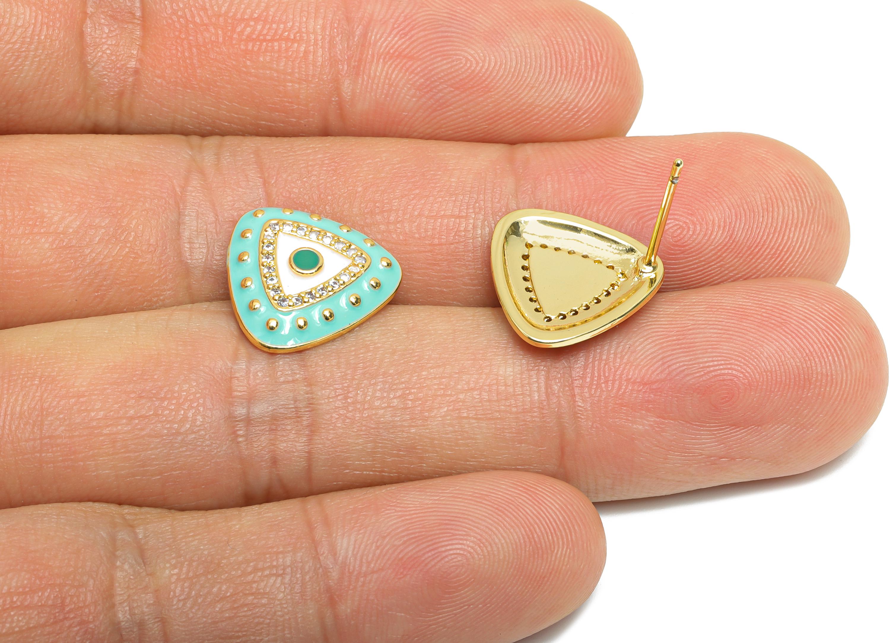 Brass CZ Triangle Stud - Sparkling Eye Earring Stud- Refined Enamel Earrings Post - 18K Real Gold Plated Brass -14.5x14.5x2.8mm - RGP9555C - DOMEDBAZAAR