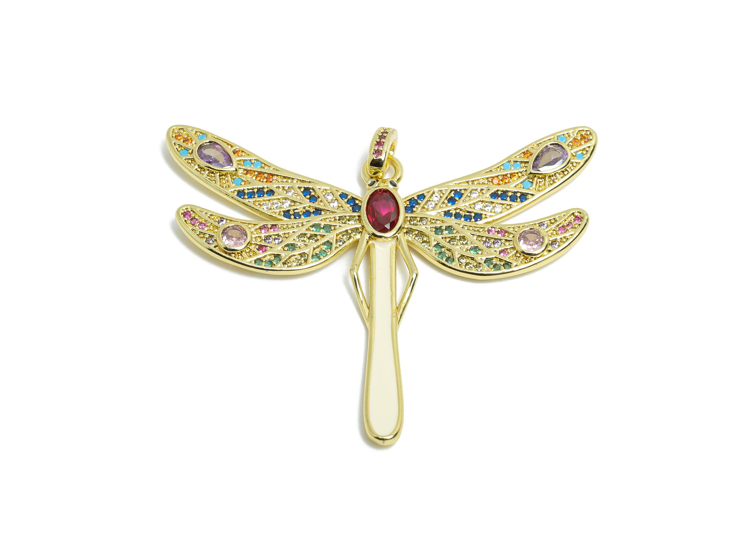 Gold Dragonfly Pendant - Brass Cubic Zircon Earring Charm - Artistic Enamel Colorful Jewelry - 18K Real Gold Plating - 42x49x2mm - RGP9691 - DOMEDBAZAAR