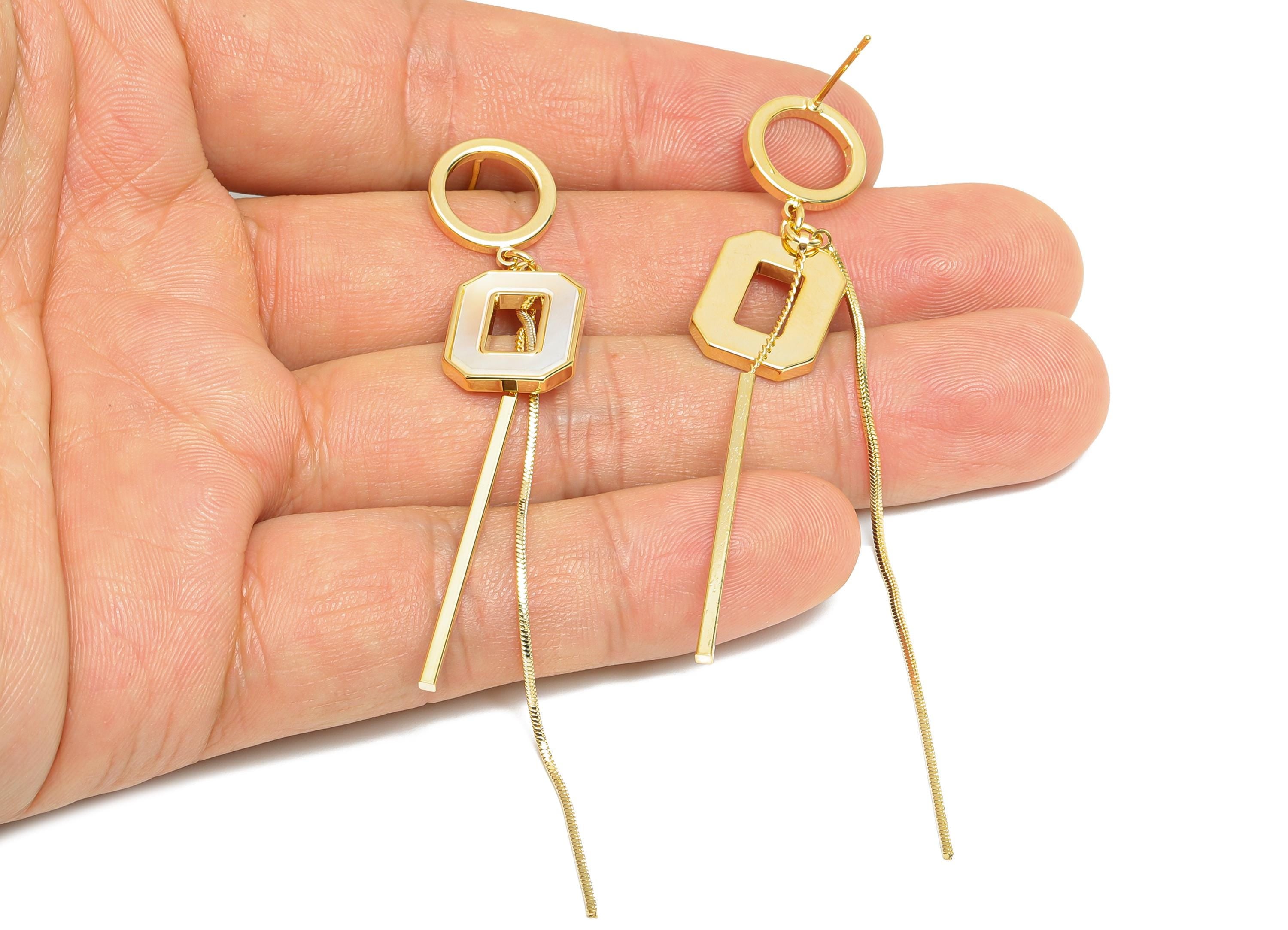 Brass Dangle Tassel Stud - Gold Rectangle Bar Earring Post - Snake Chian Seashell Earring - 18K Real Gold Plated -88.59x12.27x0.74mm-RGP9594 - DOMEDBAZAAR