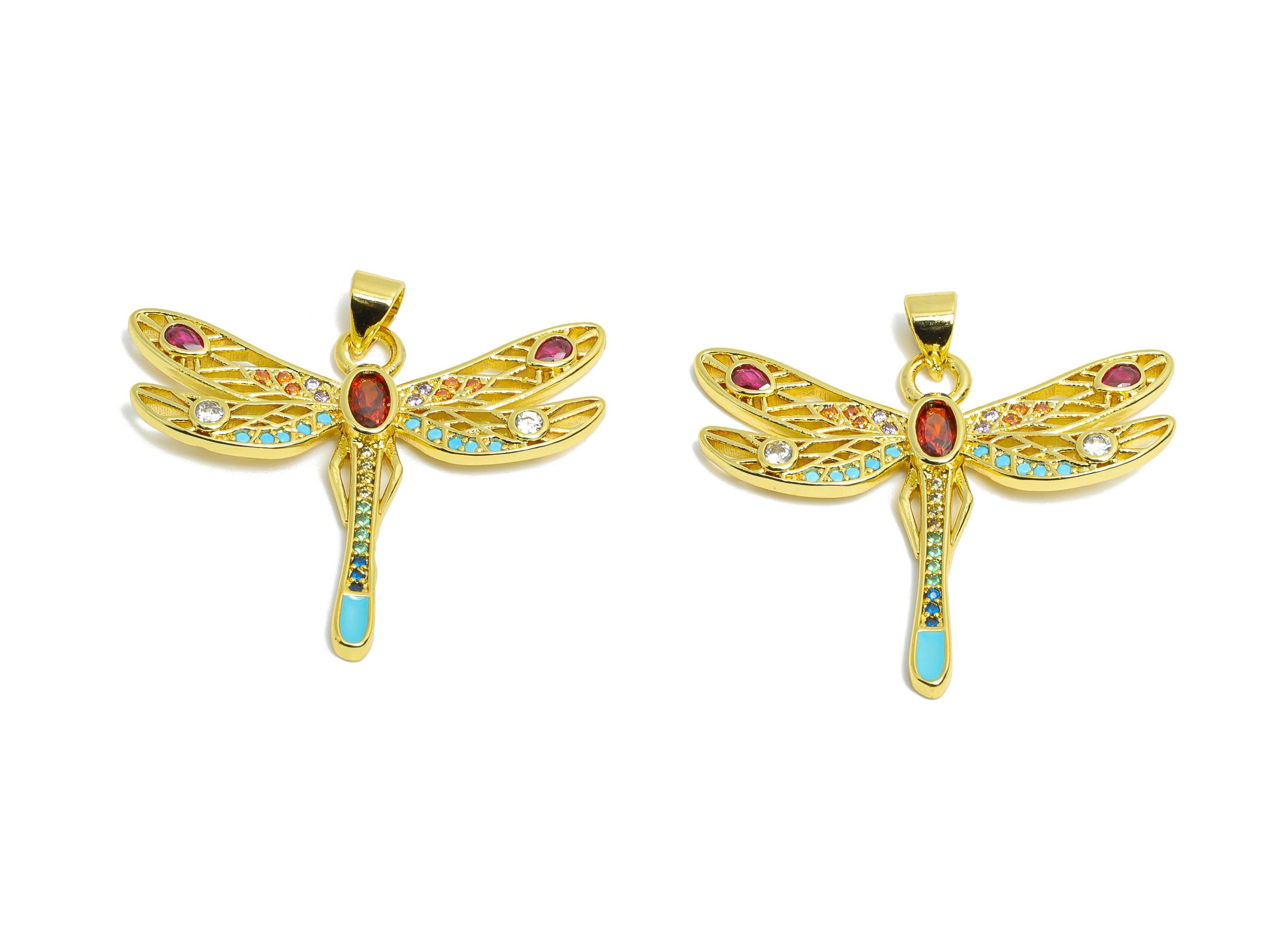 Gold Dragonfly Pendant - Brass Cubic Zircon Chic Jewelry - Artistic Enamel Colorful Jewelry - 18K Real Gold Plating - 28x33x2mm - RGP9689 - DOMEDBAZAAR