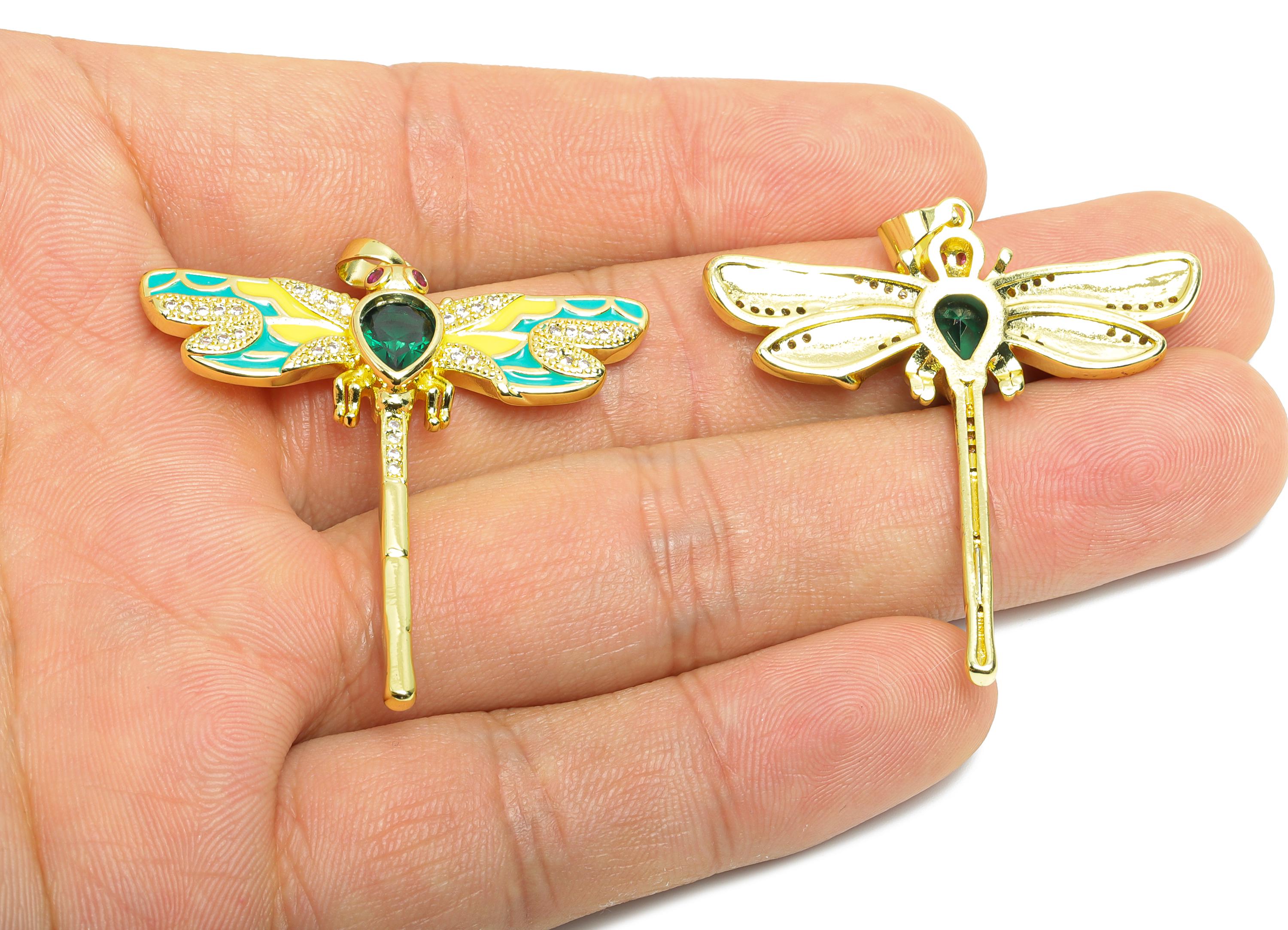Gold Dragonfly Pendant - Brass Cubic Zircon Drop Jewelry - Artistic Enamel Colorful Jewelry - 18K Real Gold Plating - 41x39x4mm - RGP9690 - DOMEDBAZAAR