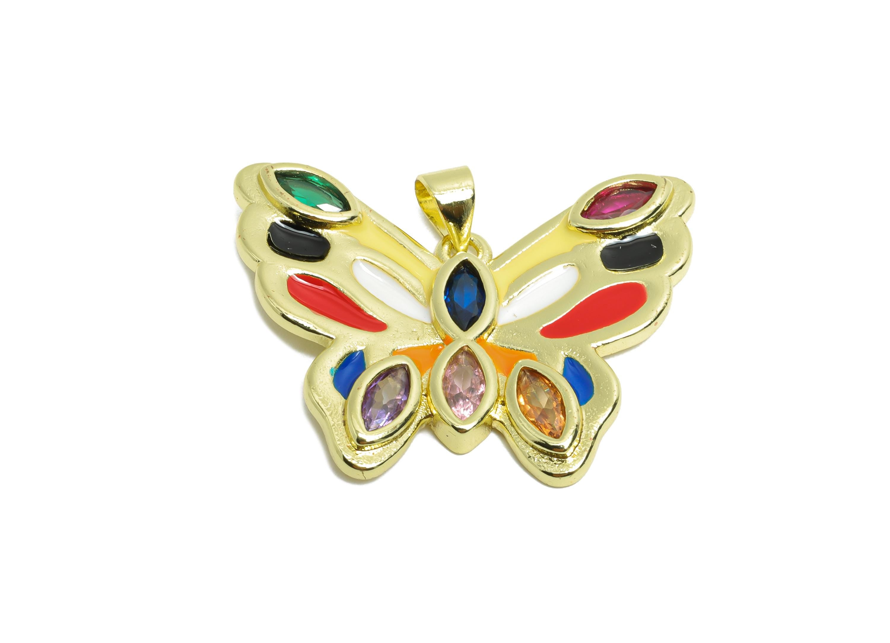 Gold Enamel Butterfly Pendant - Brass Zircon Marquise Jewelry - Artistic Enamel Colorful Jewelry - 18K Real Gold Plated - 24x32x3mm-RGP9693 - DOMEDBAZAAR