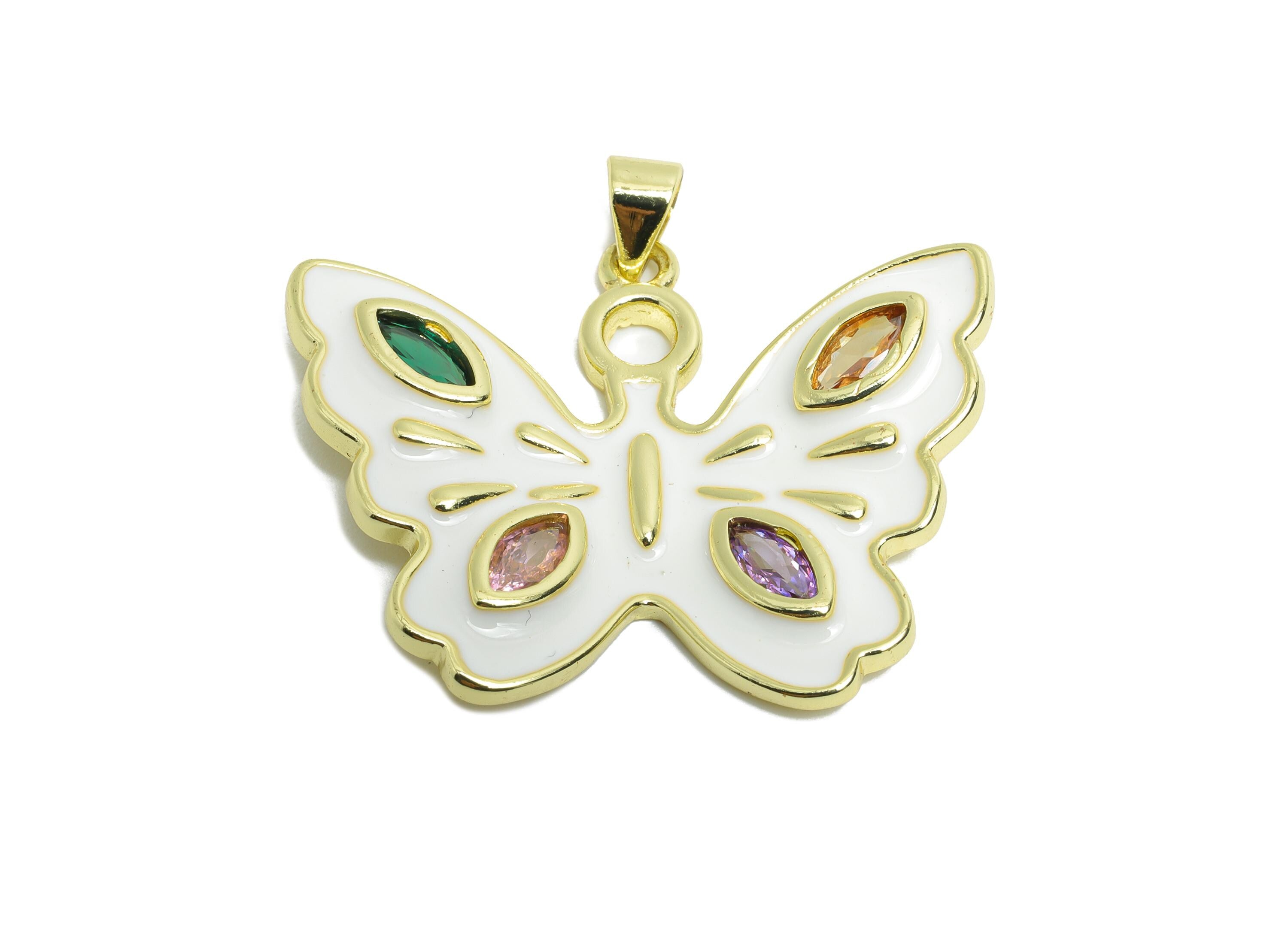 Gold Enamel Butterfly Pendant - Brass Zircon Marquise Jewelry - Artistic Enamel Colorful Jewelry - 18K Real Gold Plated - 27x33x5mm-RGP9694 - DOMEDBAZAAR