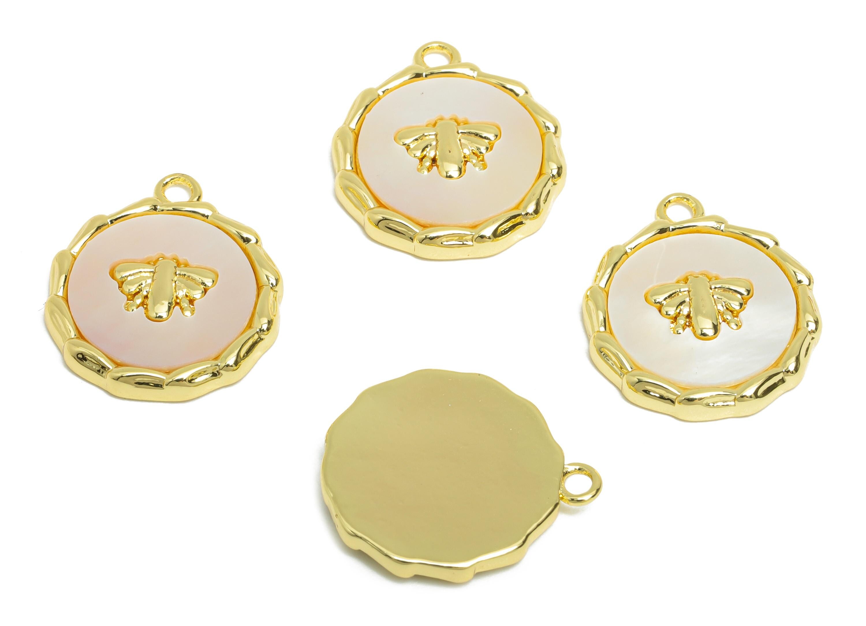 Brass Bee Seashell Charm - Gold Textured Round Bee Earring Charm - Danity Seashell Pendant - 18K Gold Plated - 17.47x14.84x2.29mm - RGP9626 - DOMEDBAZAAR