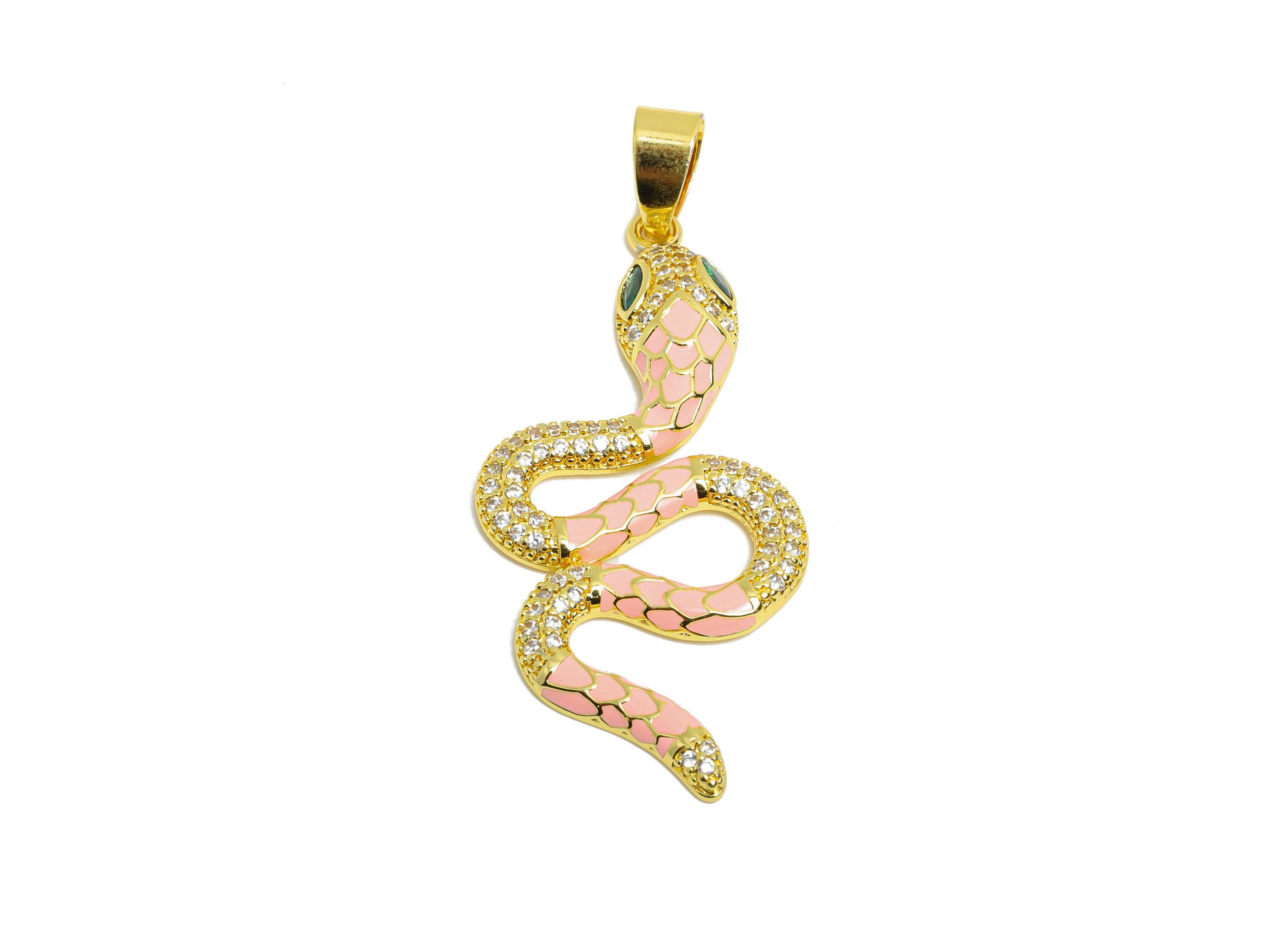 Pink Enamel Snake Pendant - Brass Zircon Protection Jewelry - Handcrafted Snake Jewelry - 18K Real Gold Plated - 43x20x3mm - RGP9706 - DOMEDBAZAAR