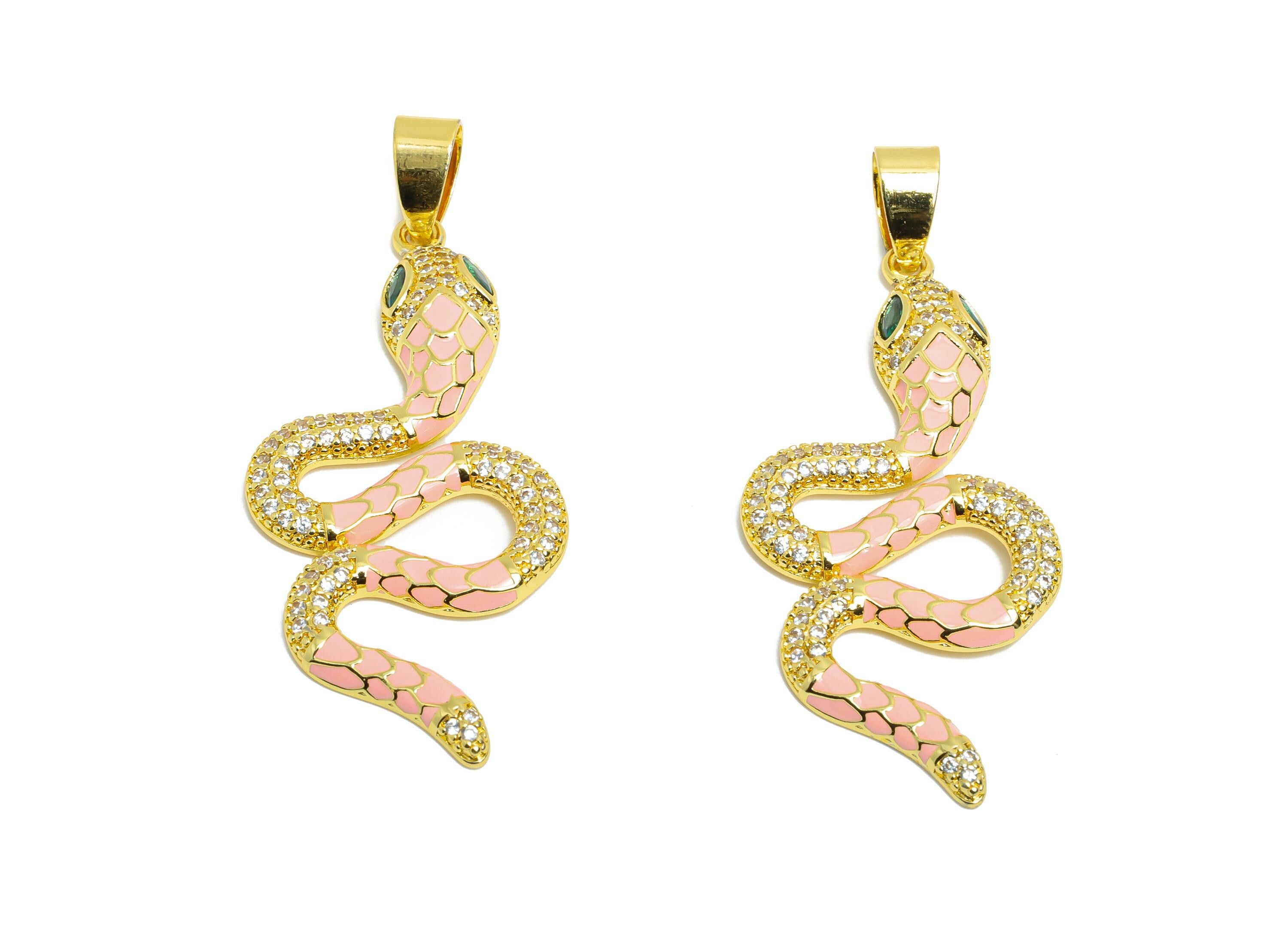 Pink Enamel Snake Pendant - Brass Zircon Protection Jewelry - Handcrafted Snake Jewelry - 18K Real Gold Plated - 43x20x3mm - RGP9706 - DOMEDBAZAAR